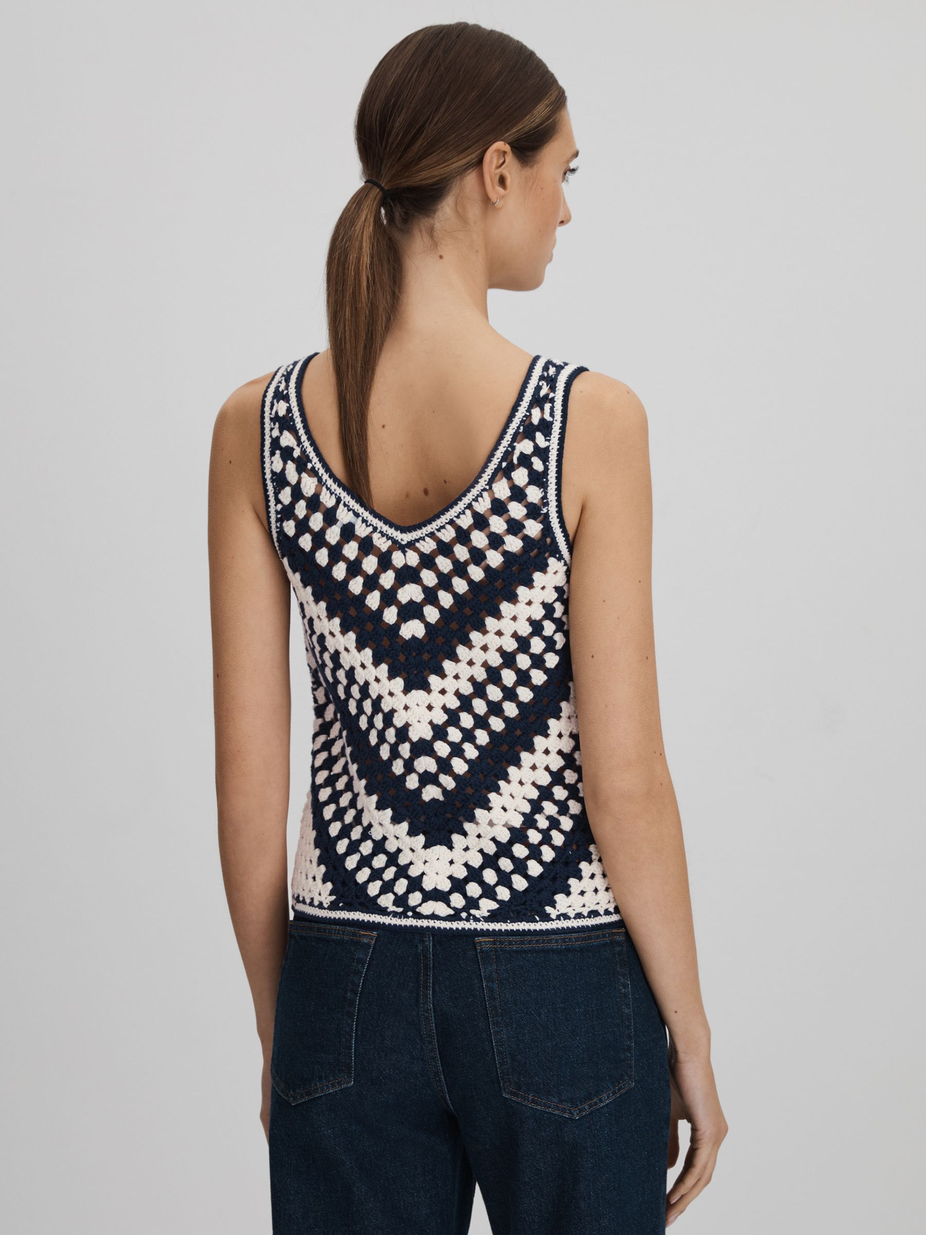 Crochet Crew Neck Vest in Navy/Ivory - Image 4 of 5