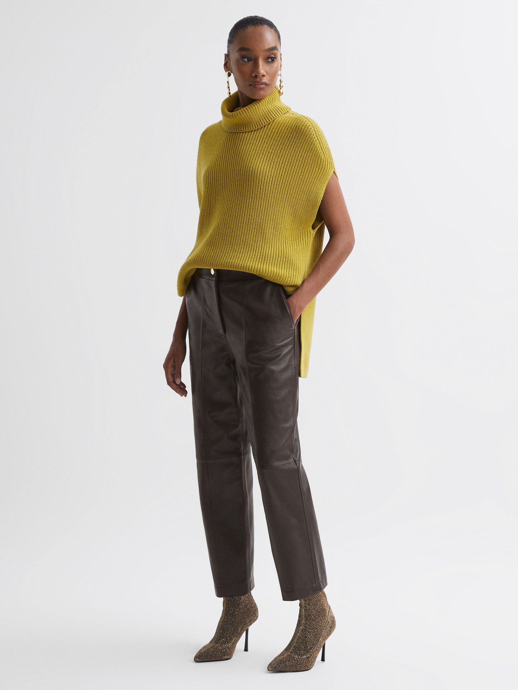 Florere Tapered Leather Trousers in Chocolate - Image 1 of 6 Florere Tapered Leather Trousers in Chocolate - Image 1 of 6