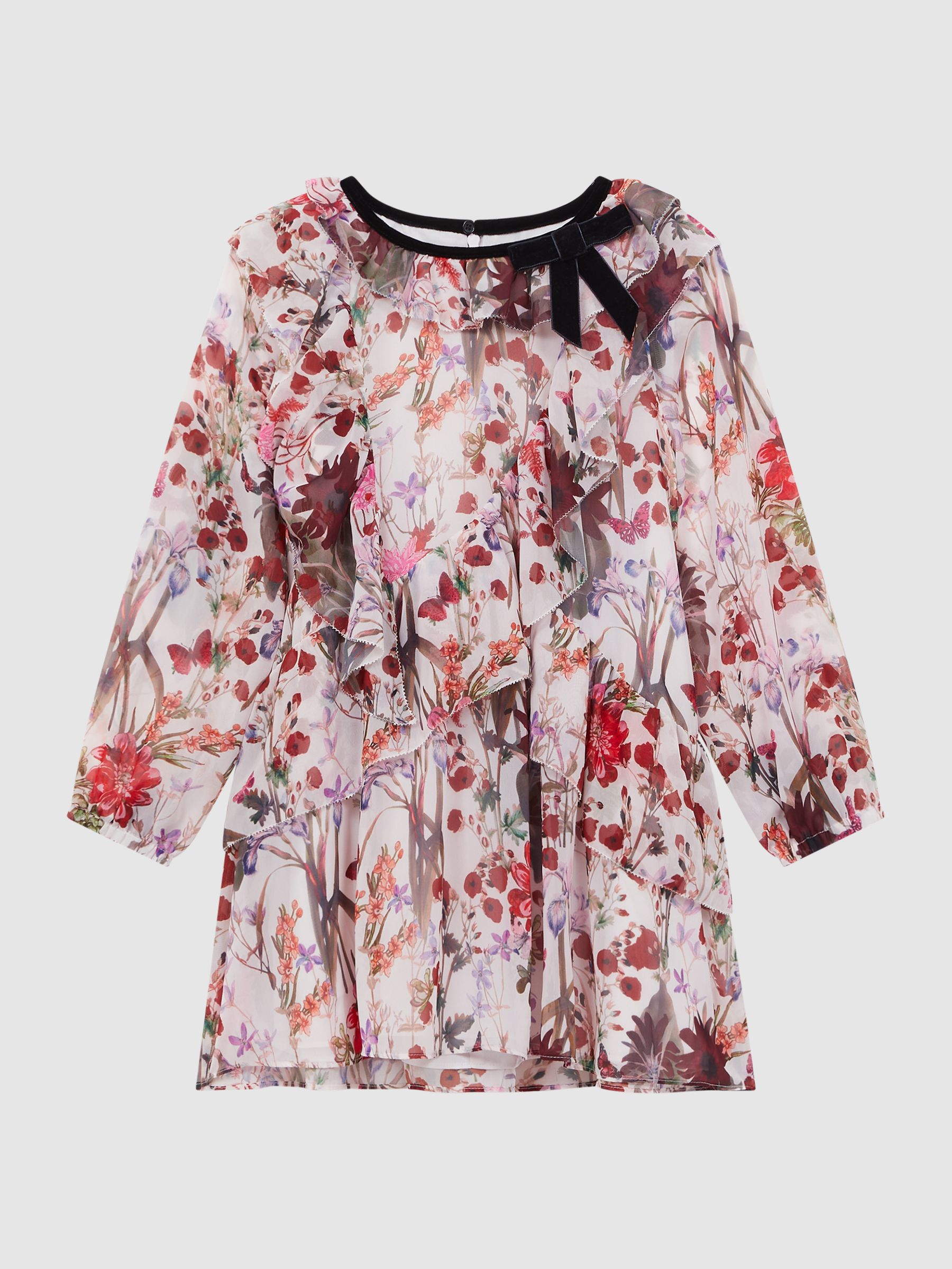 4-9 yrs Floral Frill Bow Dress in Multi - Image 2 of 6 4-9 yrs Floral Frill Bow Dress in Multi - Image 2 of 6