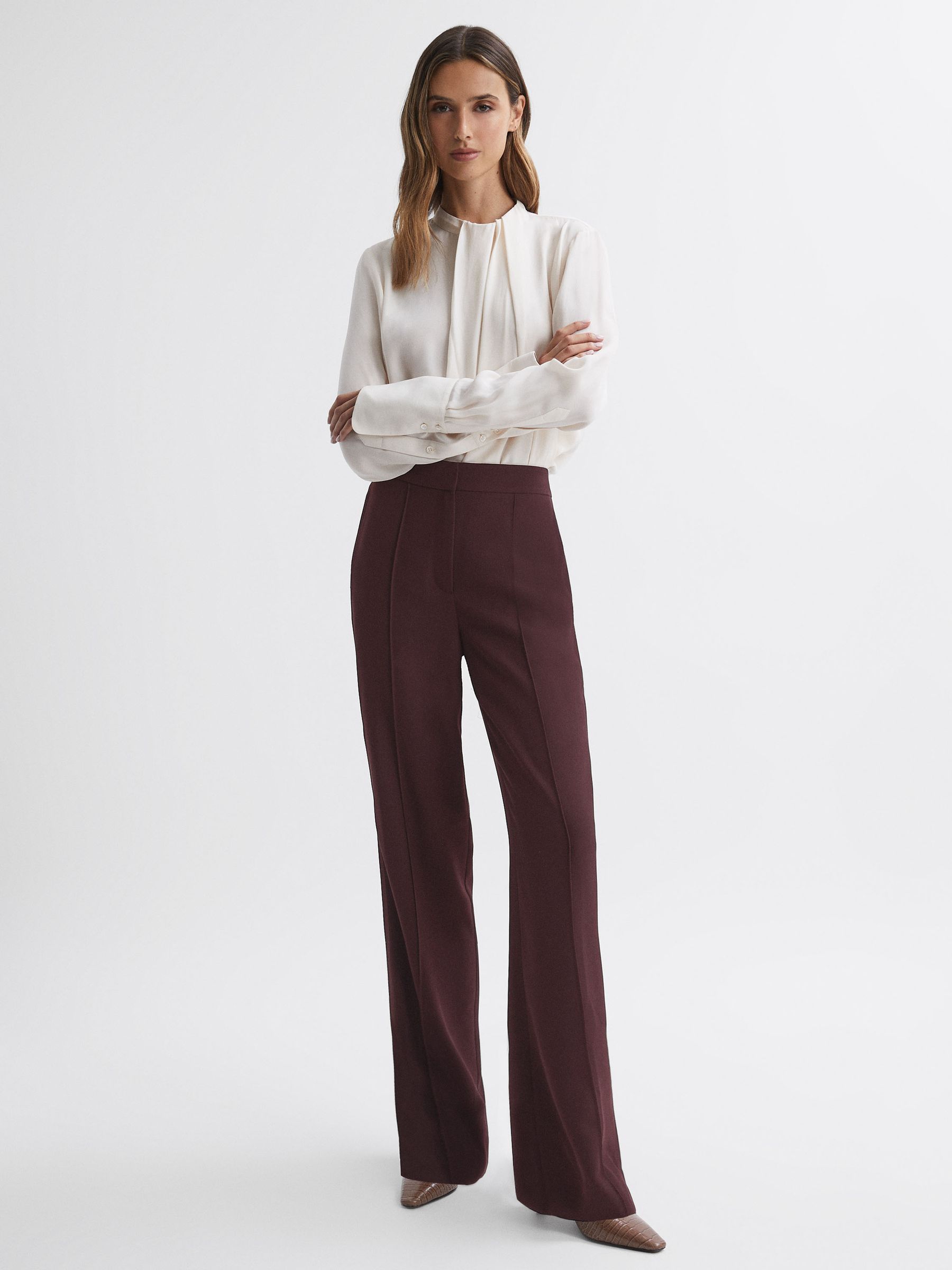 Elasticated Waist Wide Leg Trousers in Burgundy - Image 1 of 10