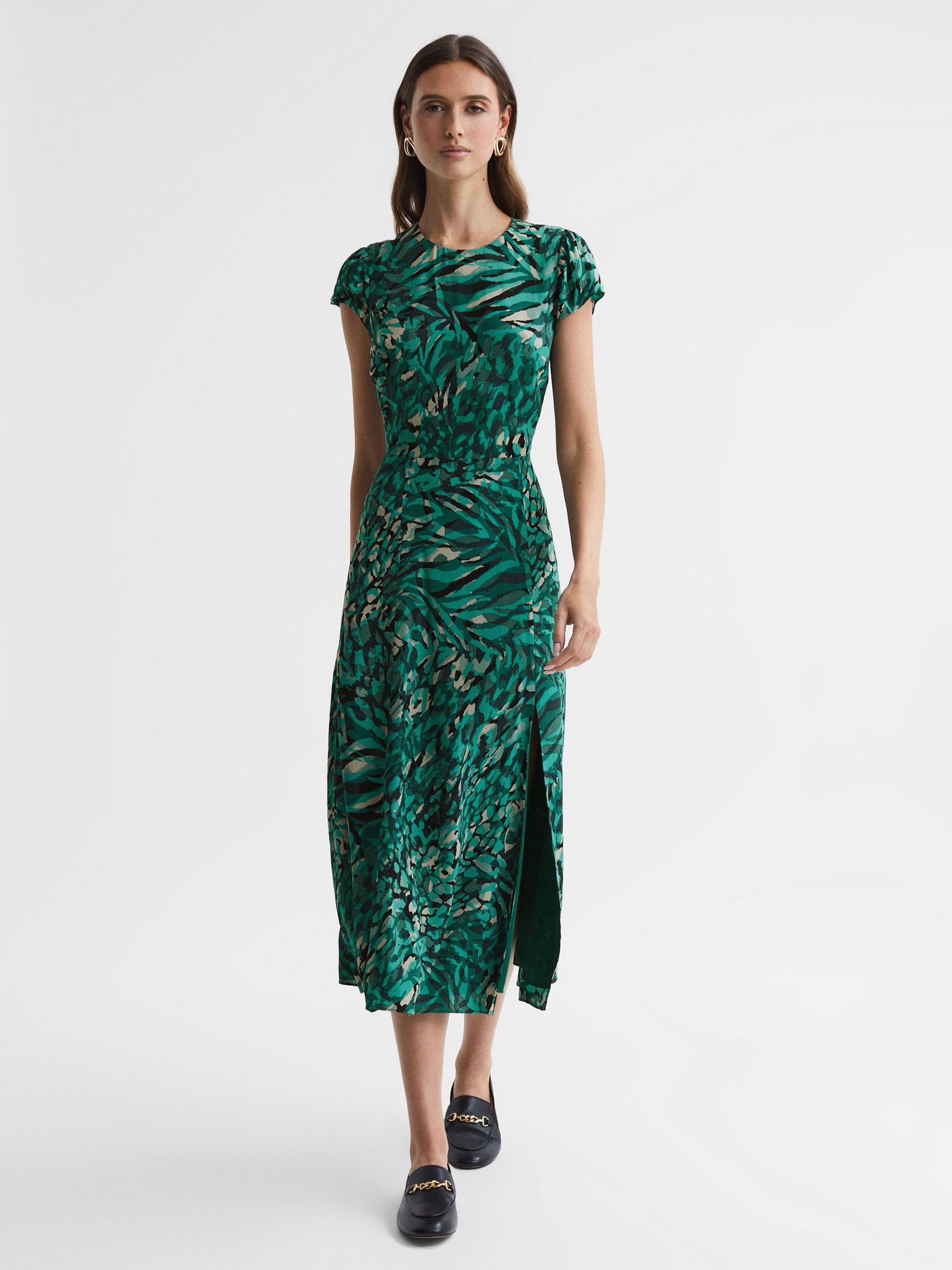 Printed Cut Out Fitted Midi Dress in Green - Image 1 of 4 Printed Cut Out Fitted Midi Dress in Green - Image 1 of 4