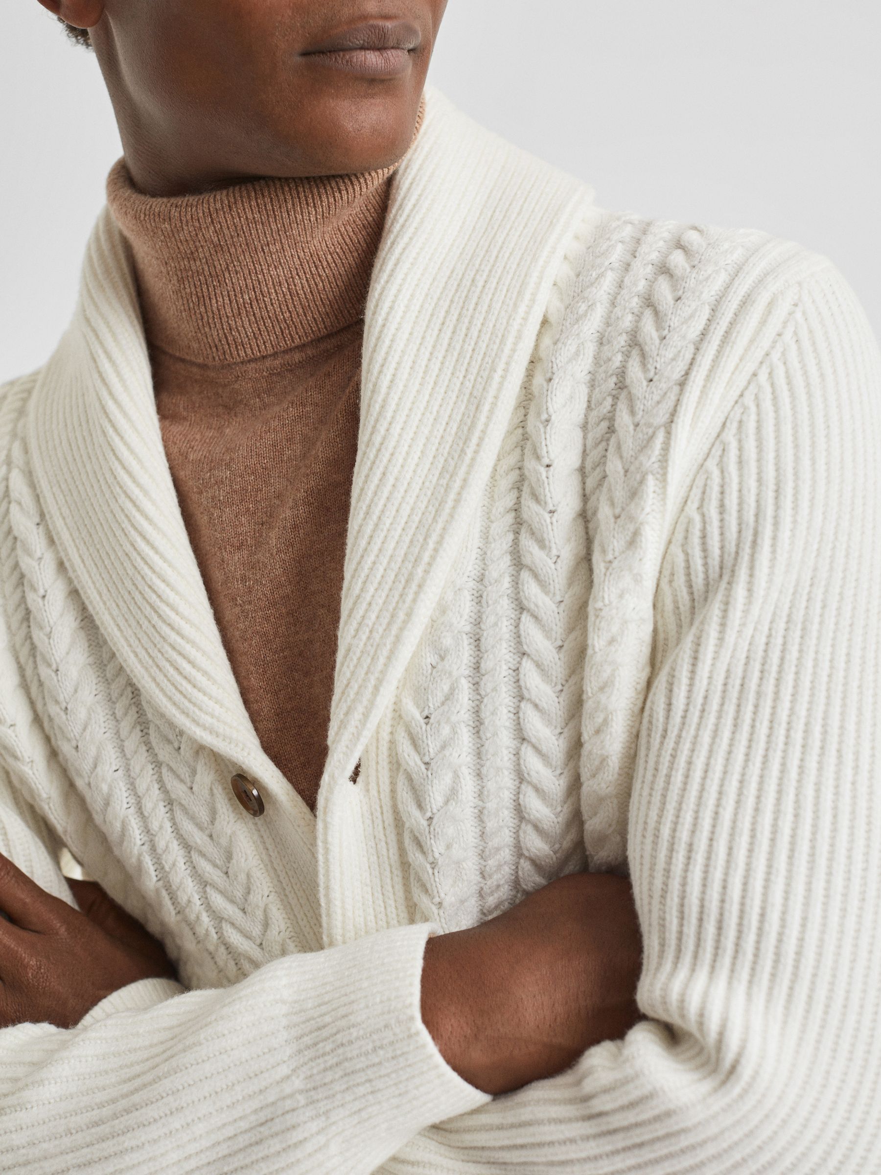 Cotton Blend Cable Knit Cardigan in Ecru - Image 1 of 6