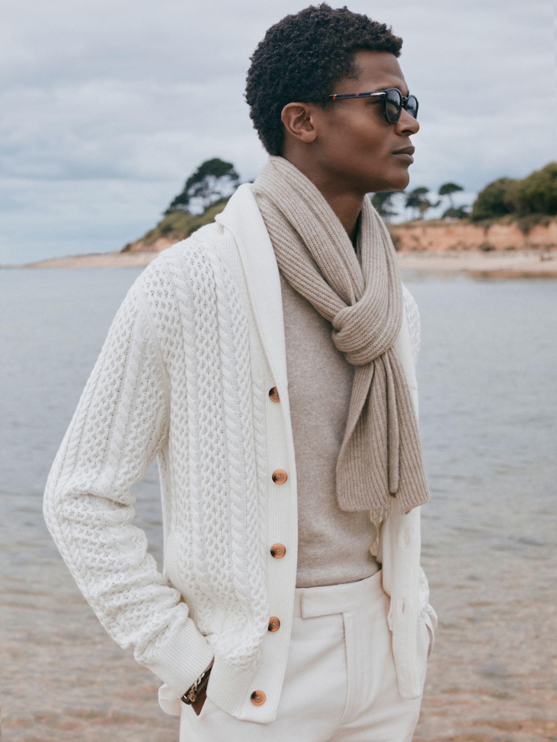 Cotton Blend Cable Knit Cardigan in Ecru - Image 3 of 6