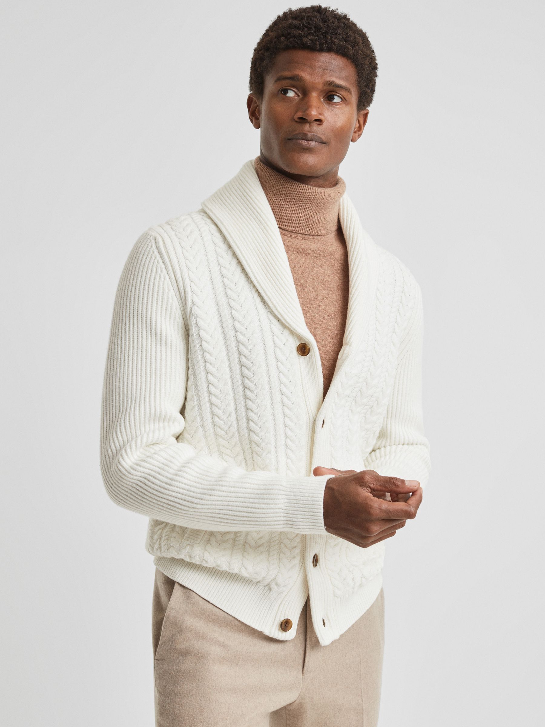 Cotton Blend Cable Knit Cardigan in Ecru - Image 5 of 6