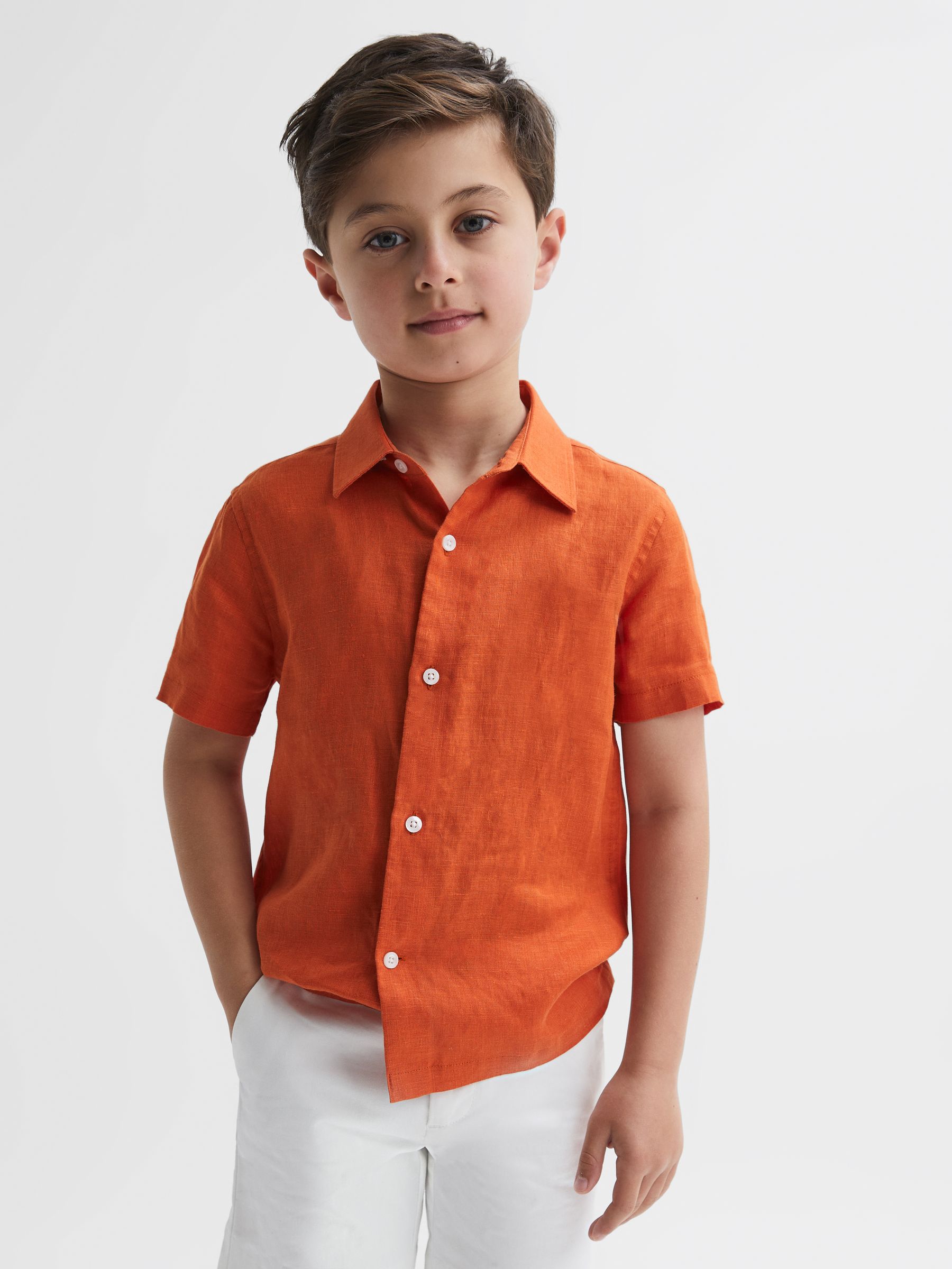 Short Sleeve Linen Shirt in Burnt Orange - Image 1 of 6