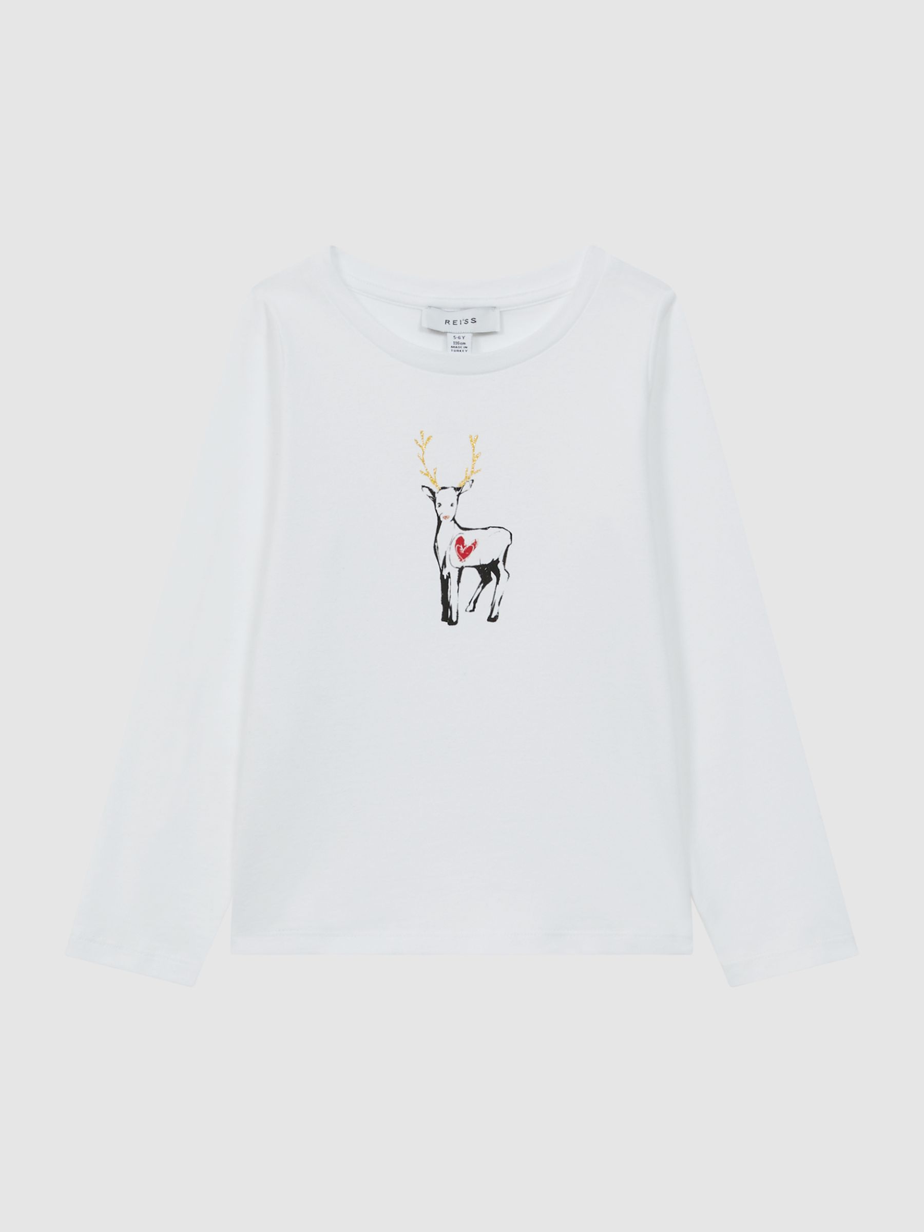 9-14 yrs Cotton Reindeer Long Sleeve T-Shirt in White - Image 2 of 6