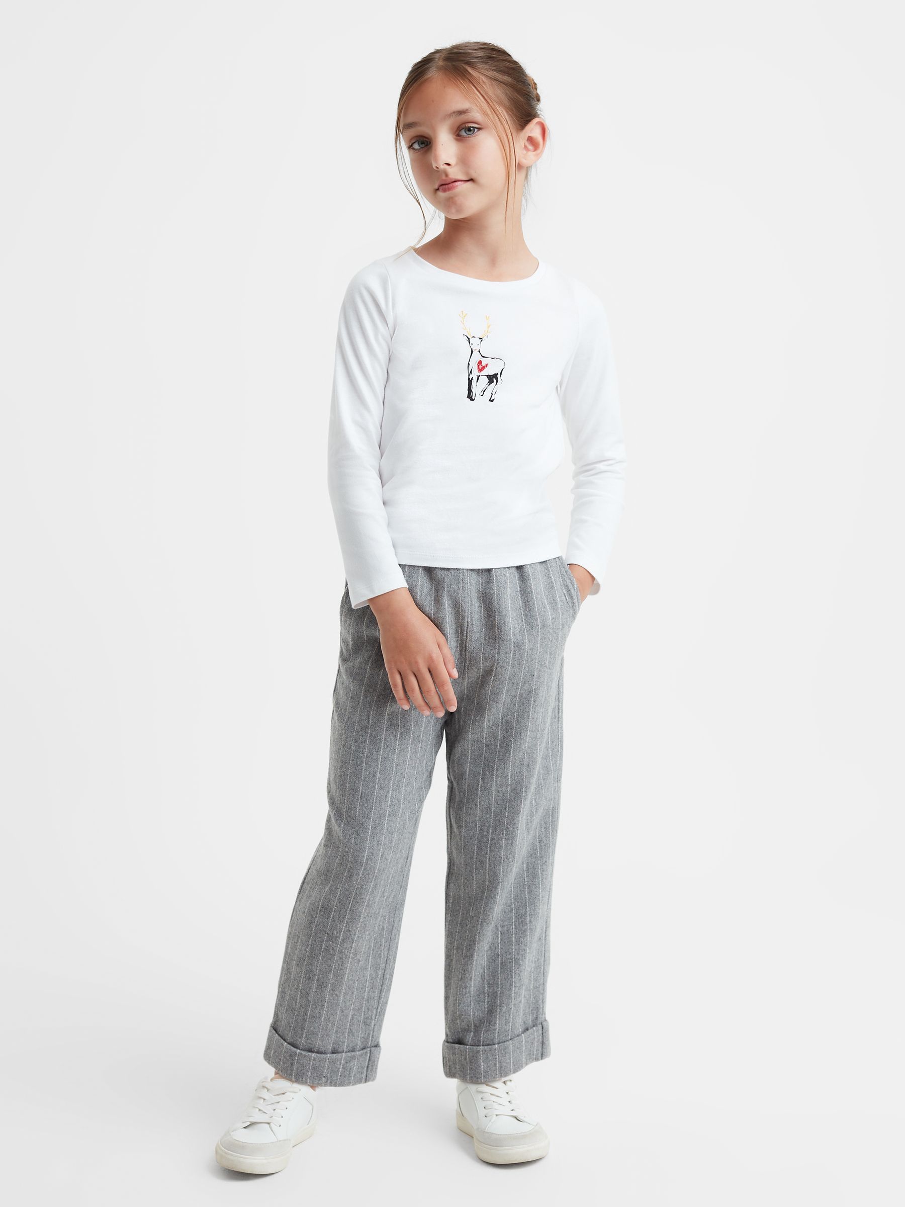 9-14 yrs Cotton Reindeer Long Sleeve T-Shirt in White - Image 3 of 6