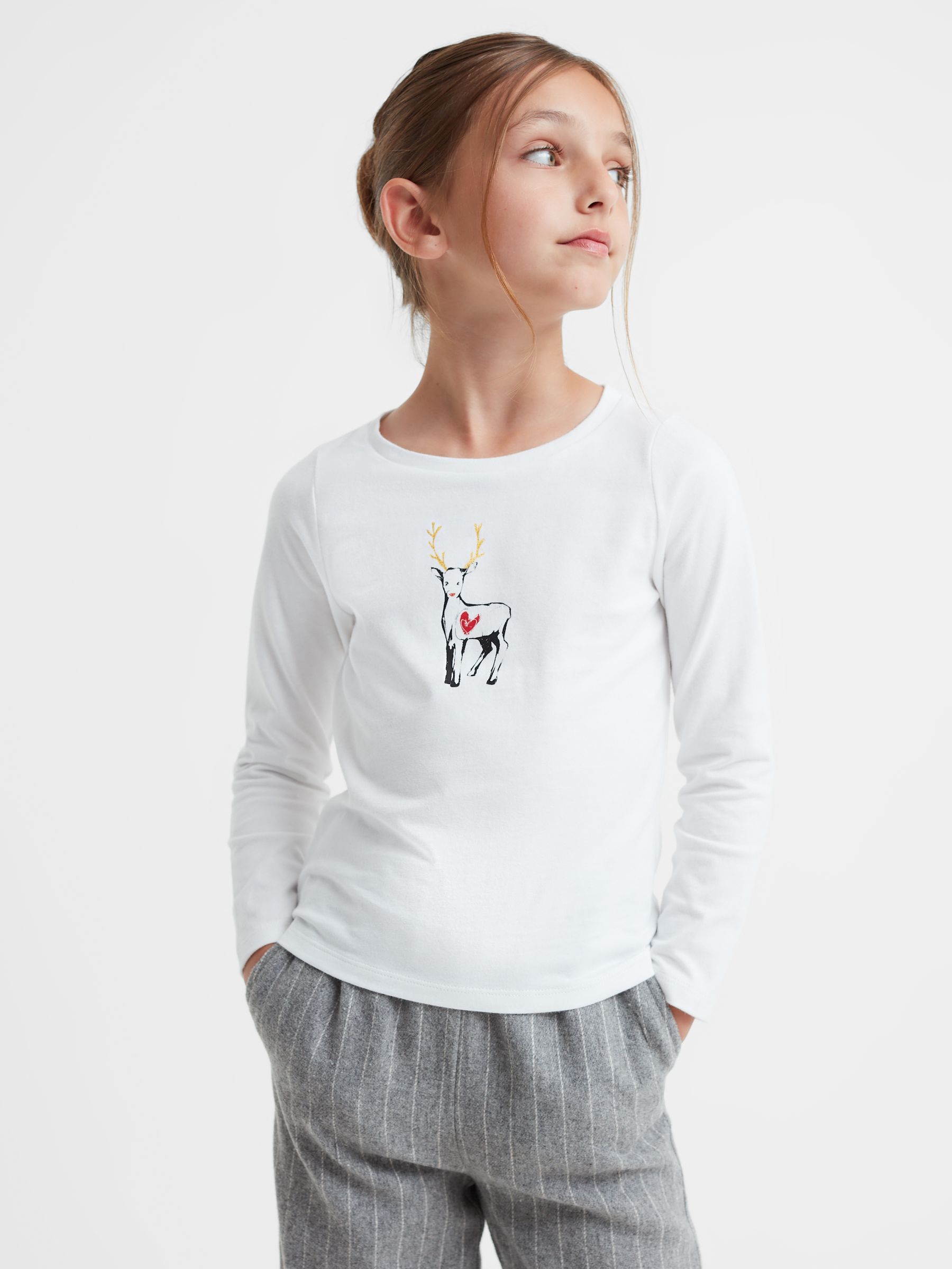 9-14 yrs Cotton Reindeer Long Sleeve T-Shirt in White - Image 4 of 6