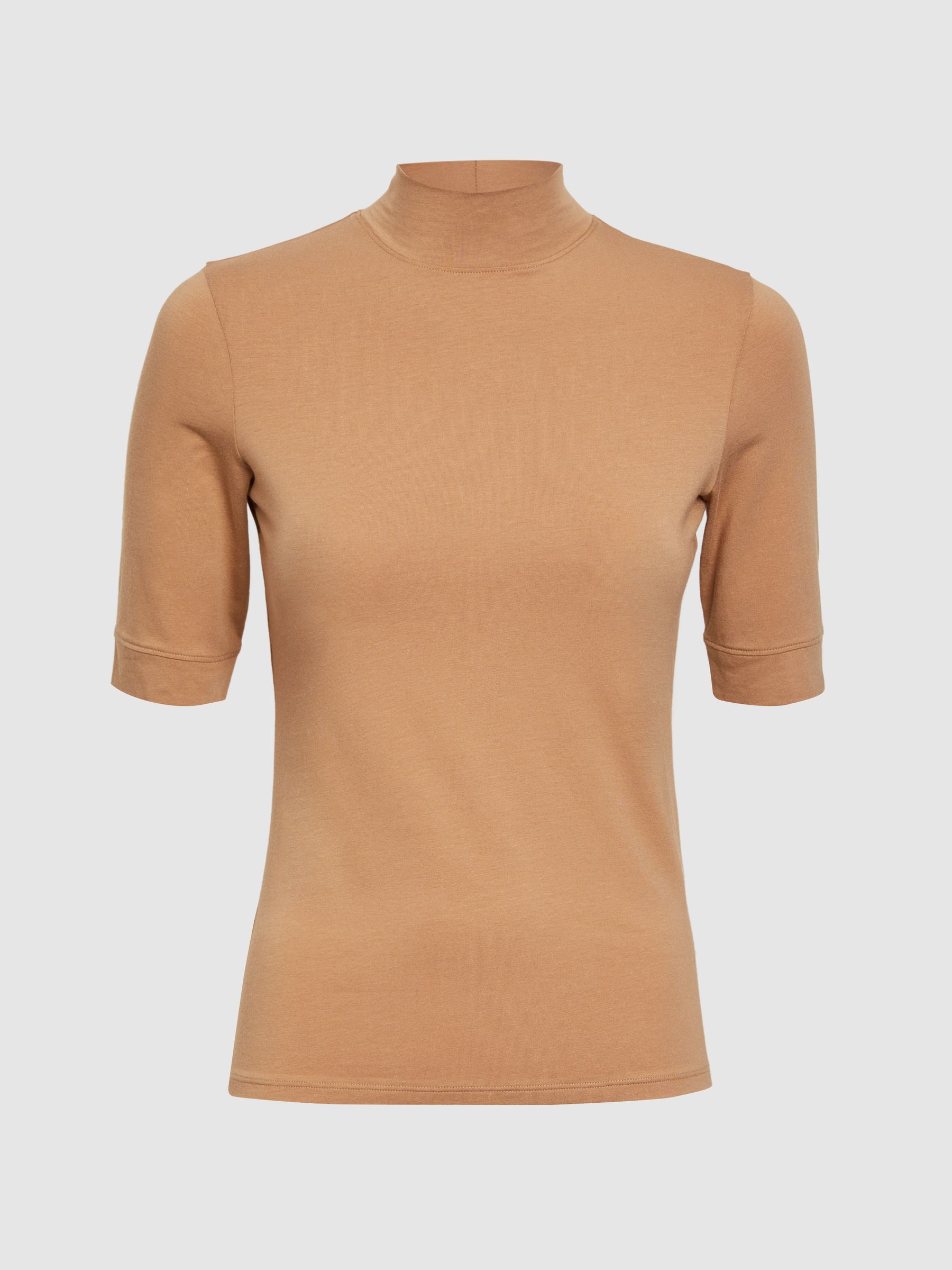 High Neck Short Sleeve T-Shirt in Camel - Image 2 of 5