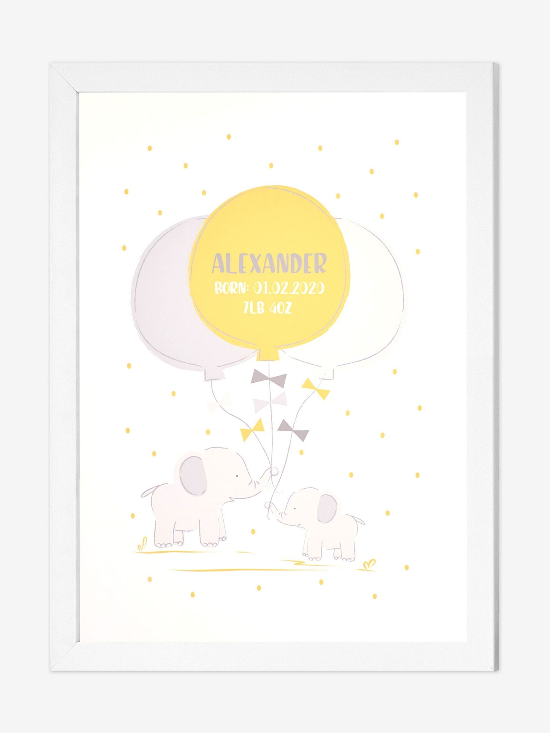 White Personalised & Framed Baby Elephant Print - Image 1 of 1