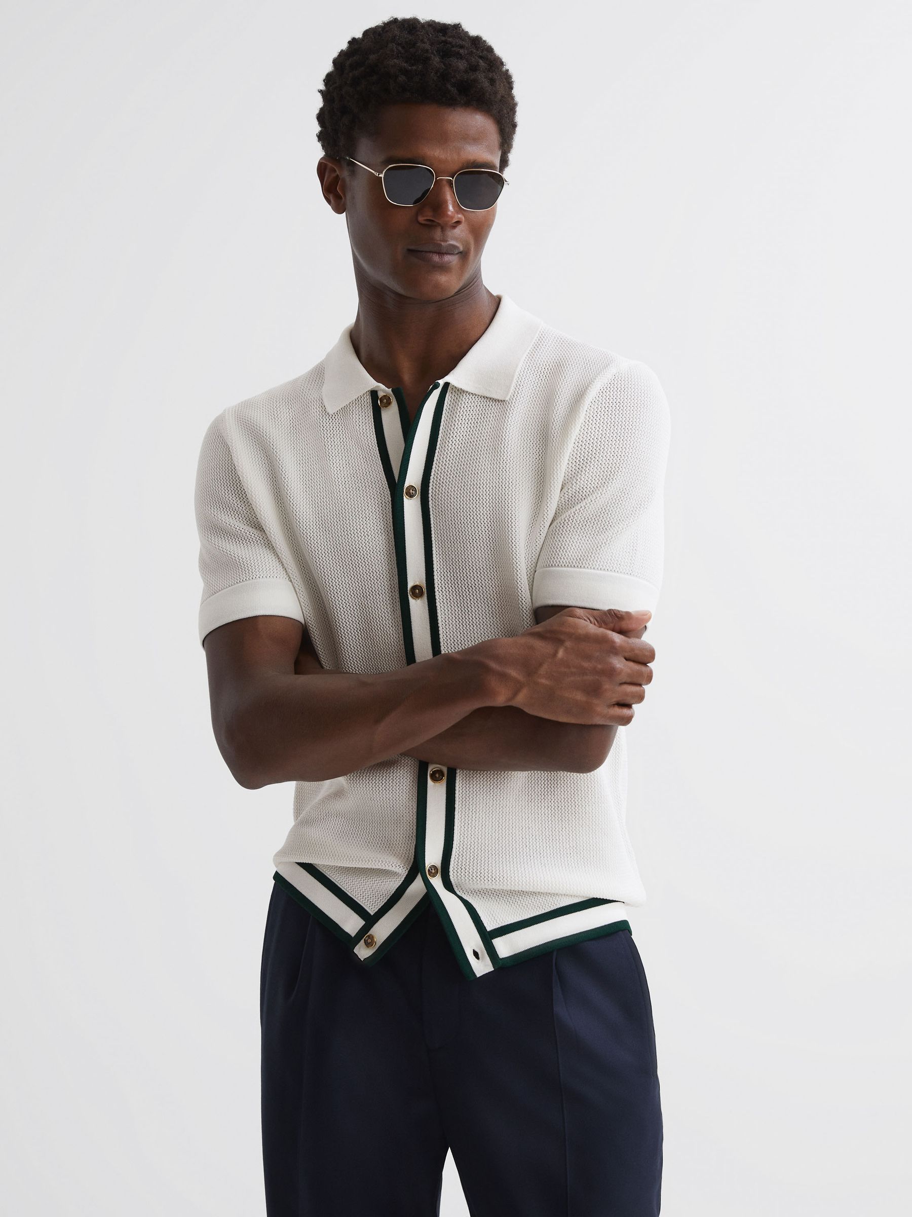 Reiss | Ché Knitted Button Through T-Shirt in Ecru - Image 1 of 5 Reiss | Ché Knitted Button Through T-Shirt in Ecru - Image 1 of 5