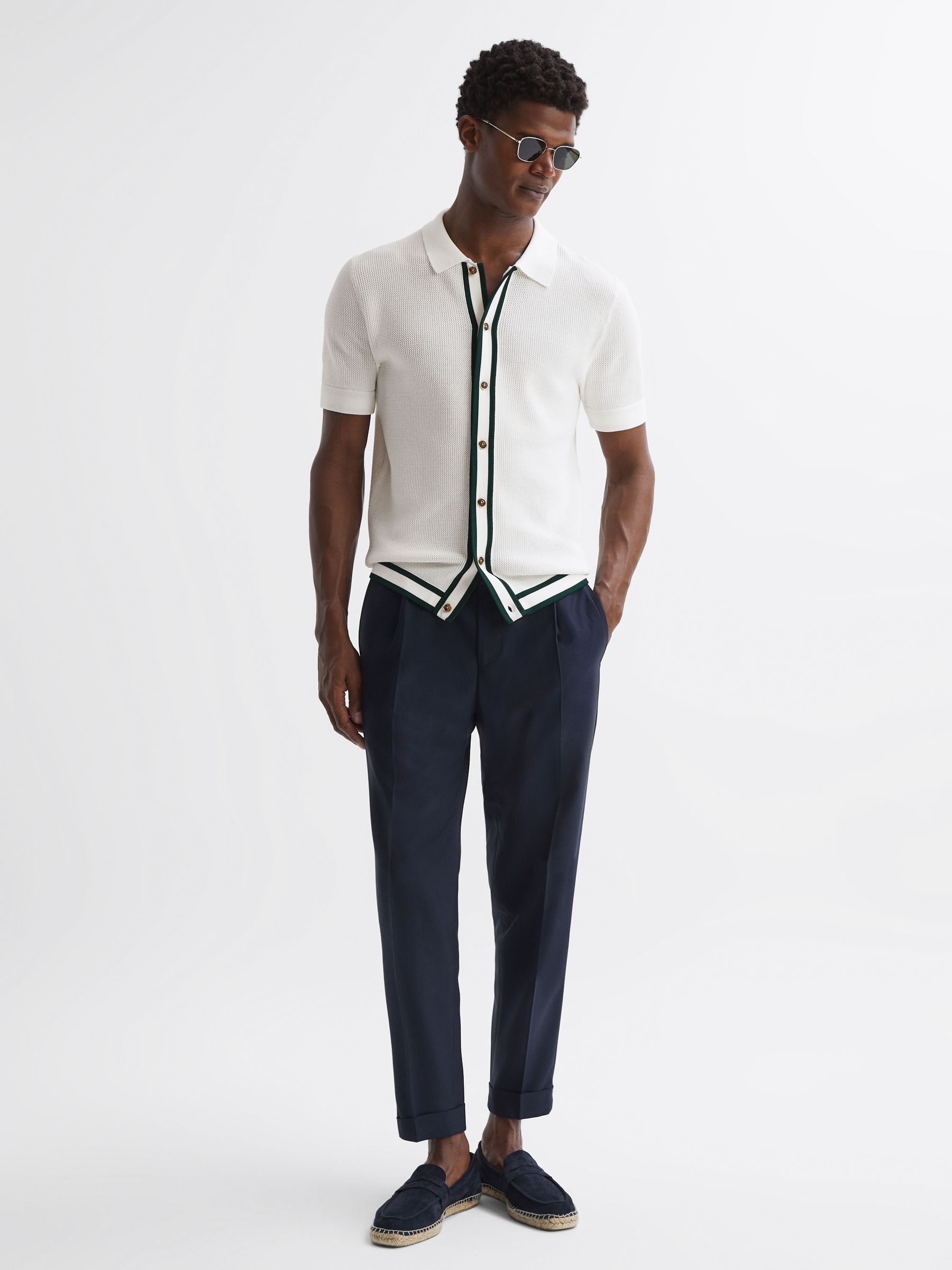 Reiss | Ché Knitted Button Through T-Shirt in Ecru - Image 3 of 5