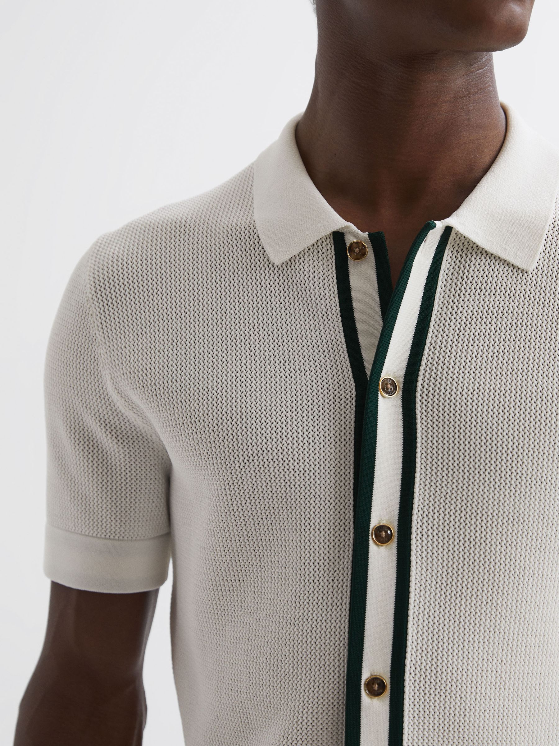 Reiss | Ché Knitted Button Through T-Shirt in Ecru - Image 4 of 5