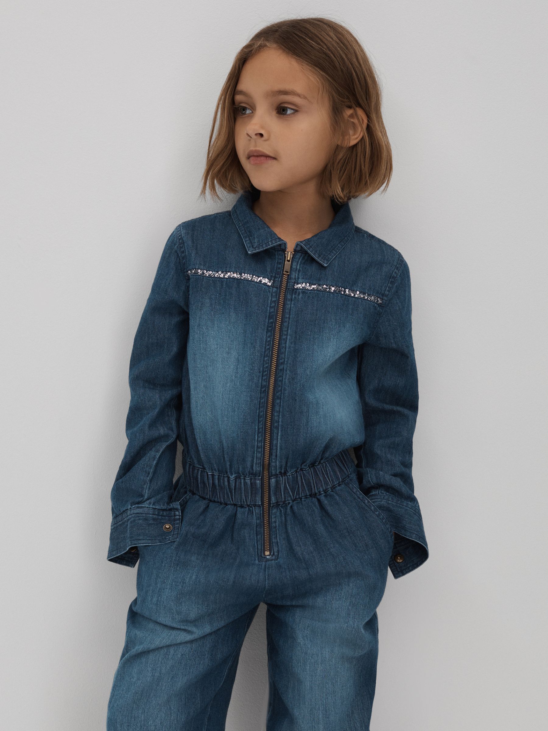 4-9 yrs Elasticated Embellished Denim Jumpsuit in Blue - Image 3 of 6