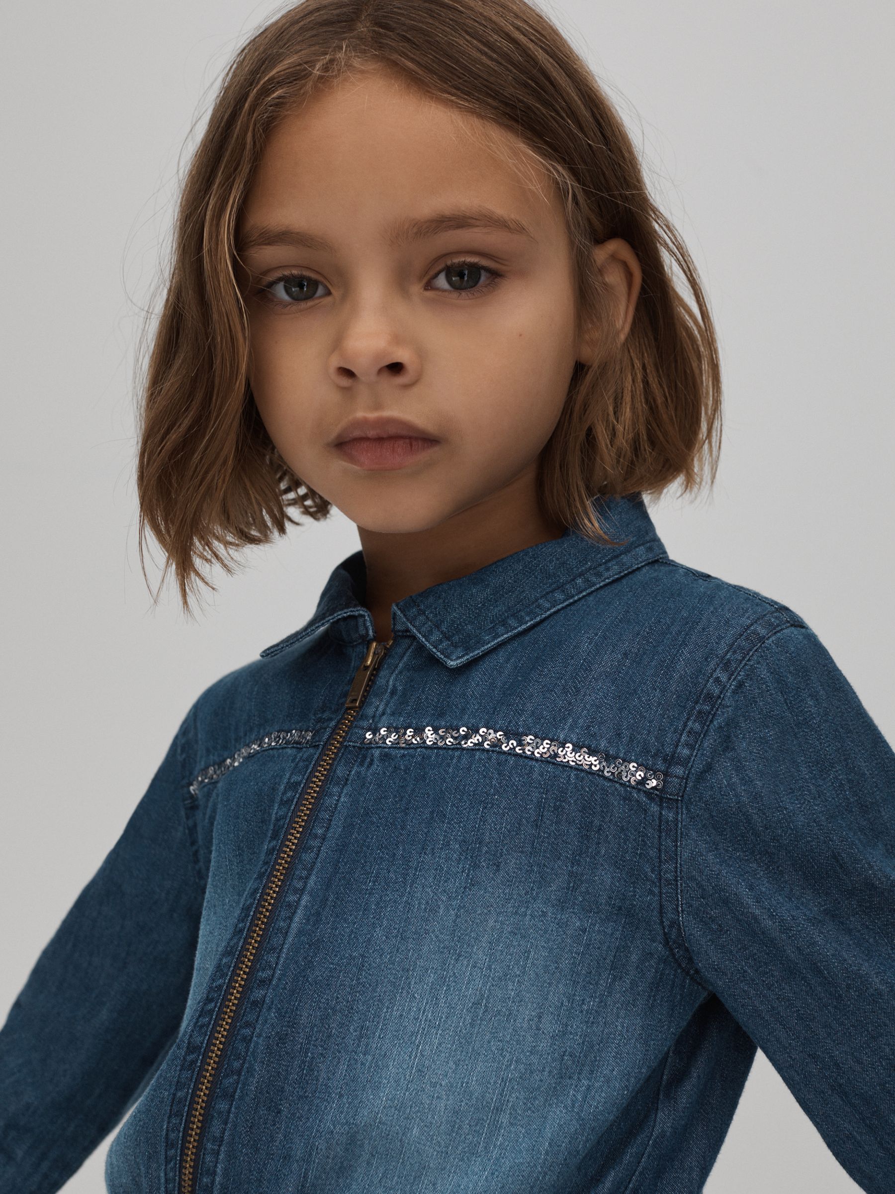 4-9 yrs Elasticated Embellished Denim Jumpsuit in Blue - Image 4 of 6