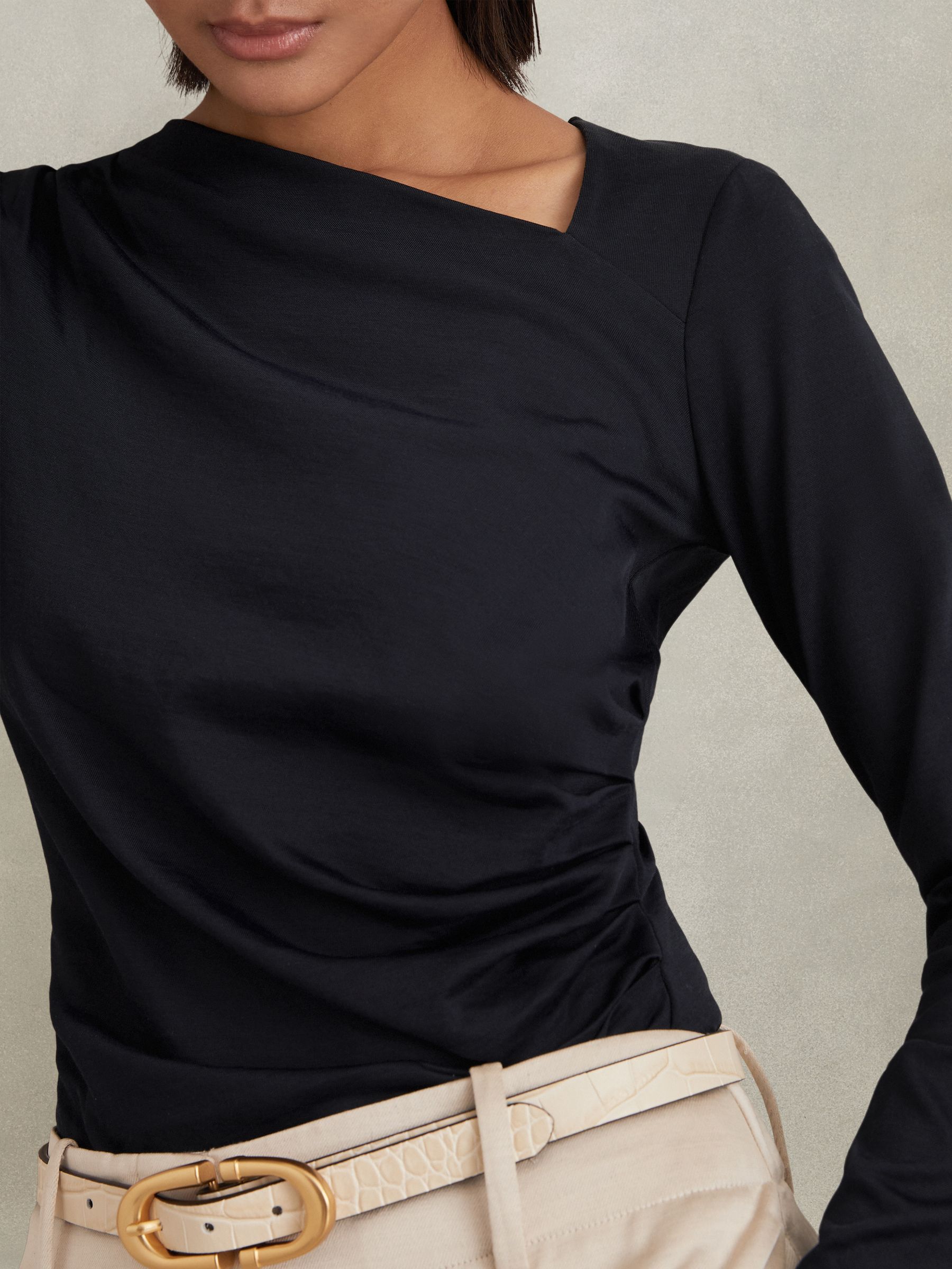 Ruched Asymmetric Neck Top in Navy - Image 1 of 6