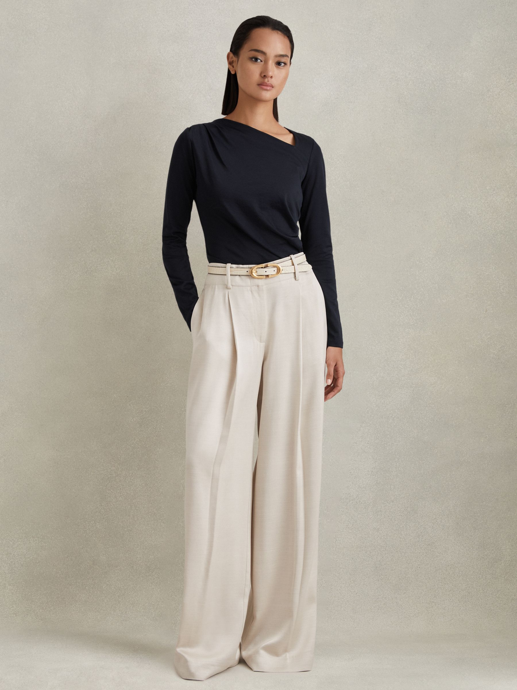 Ruched Asymmetric Neck Top in Navy - Image 3 of 6