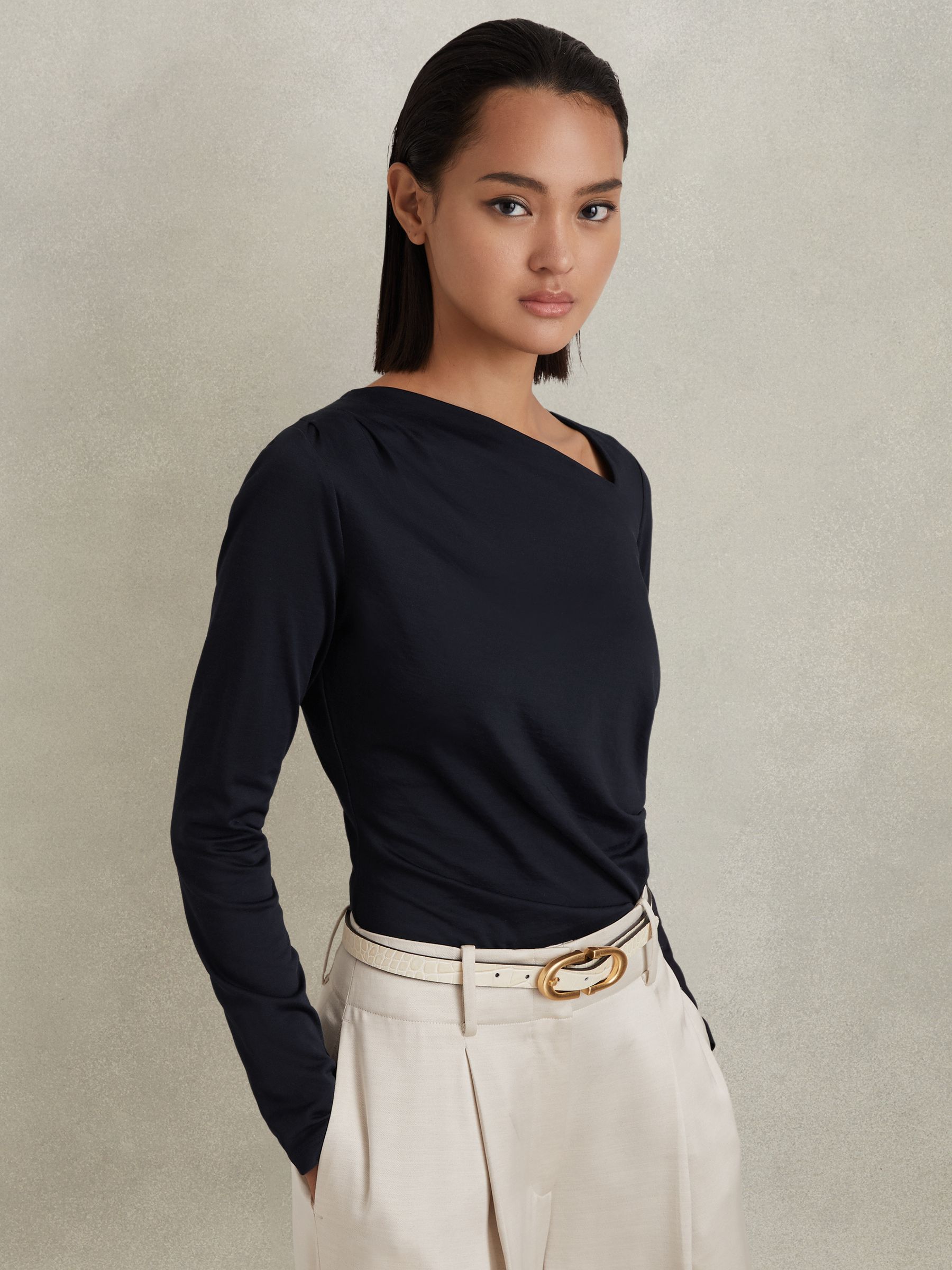 Ruched Asymmetric Neck Top in Navy - Image 4 of 6
