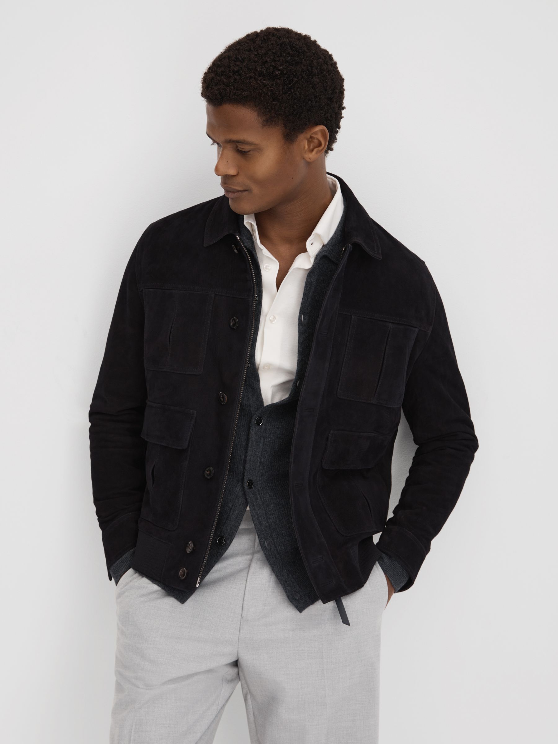 Suede Chest Pocket Jacket in Navy - Image 1 of 6