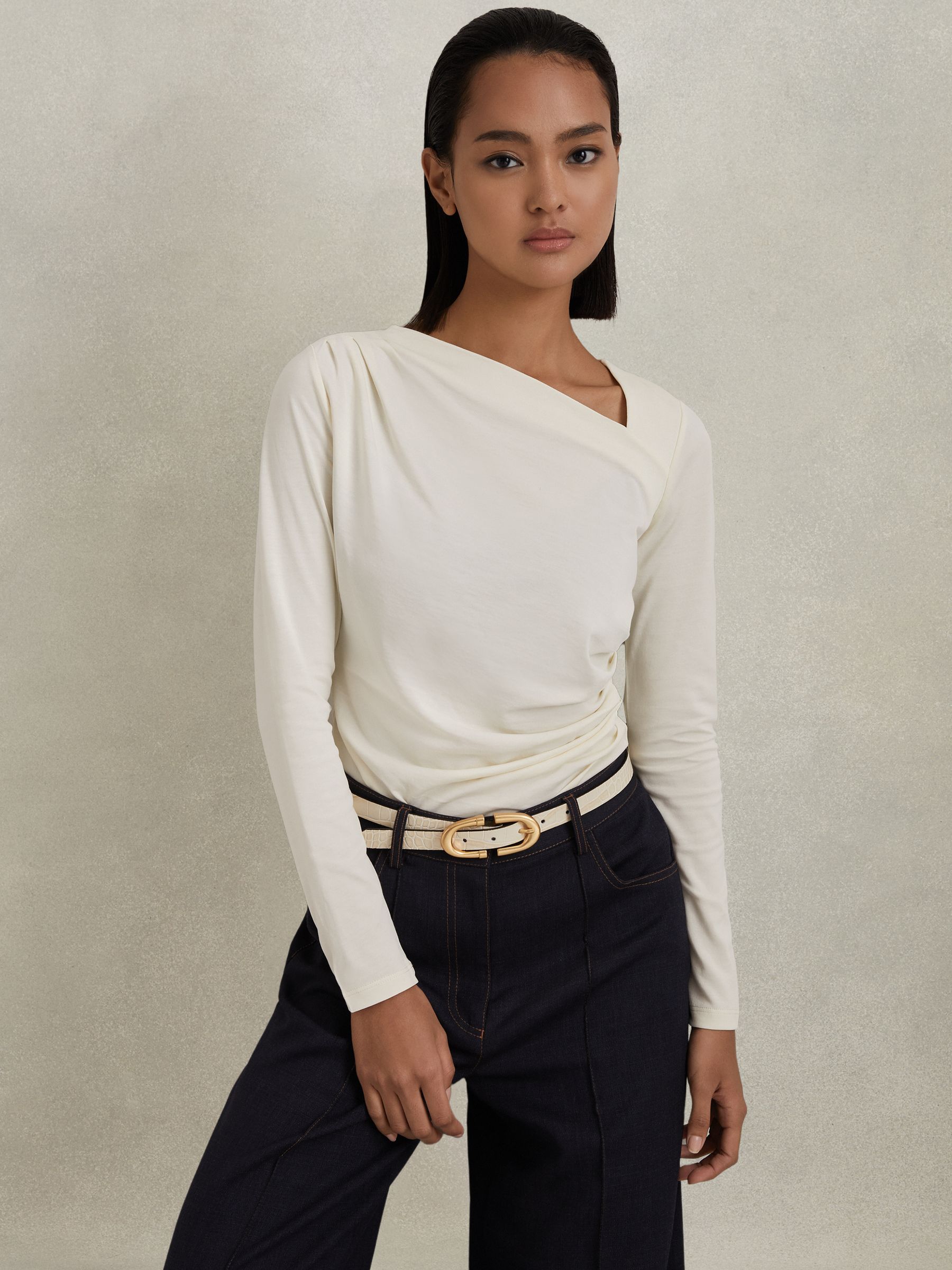 Ruched Asymmetric Neck Top in Ivory - Image 1 of 6 Ruched Asymmetric Neck Top in Ivory - Image 1 of 6