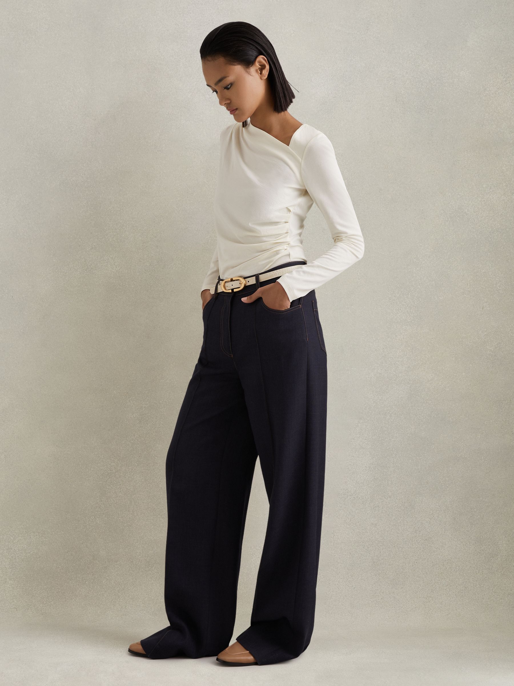 Ruched Asymmetric Neck Top in Ivory - Image 4 of 6