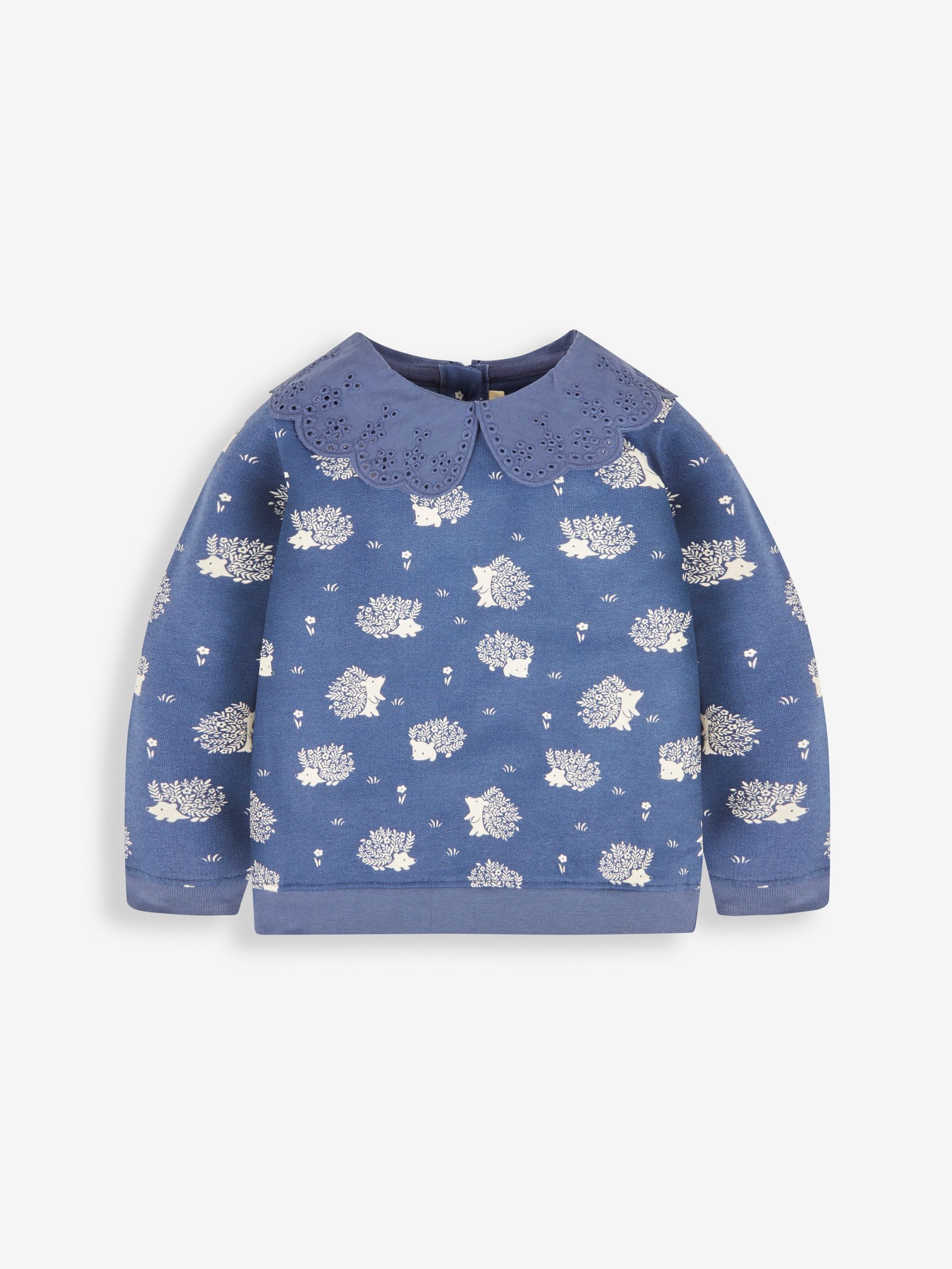 Hedgehog Print Sweatshirt With Broderie Collar in Denim - Image 1 of 2