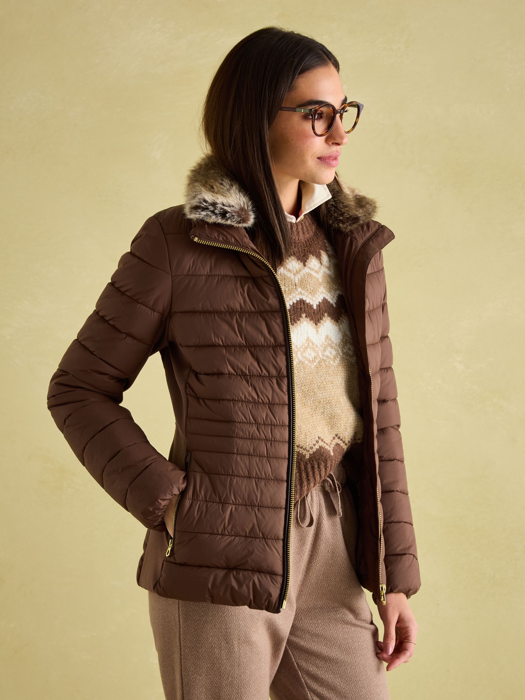 Beckley Brown Padded Showerproof Jacket with Faux Fur Trim - Image 4 of 7