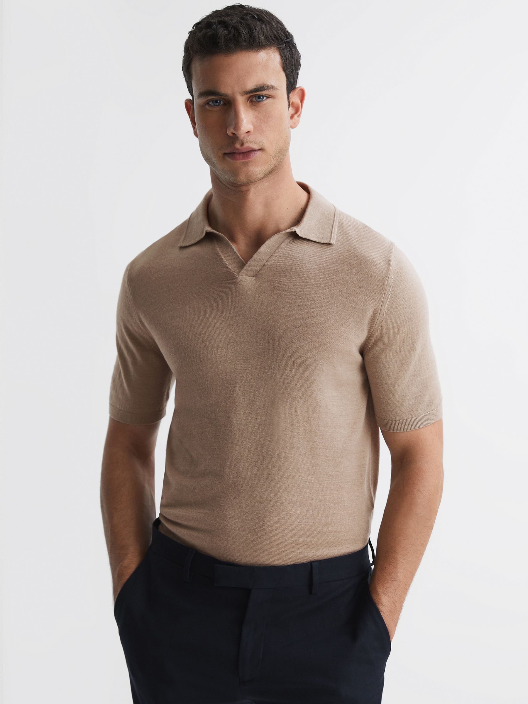 Merino Wool Open Collar Polo Shirt in Mink - Image 1 of 7