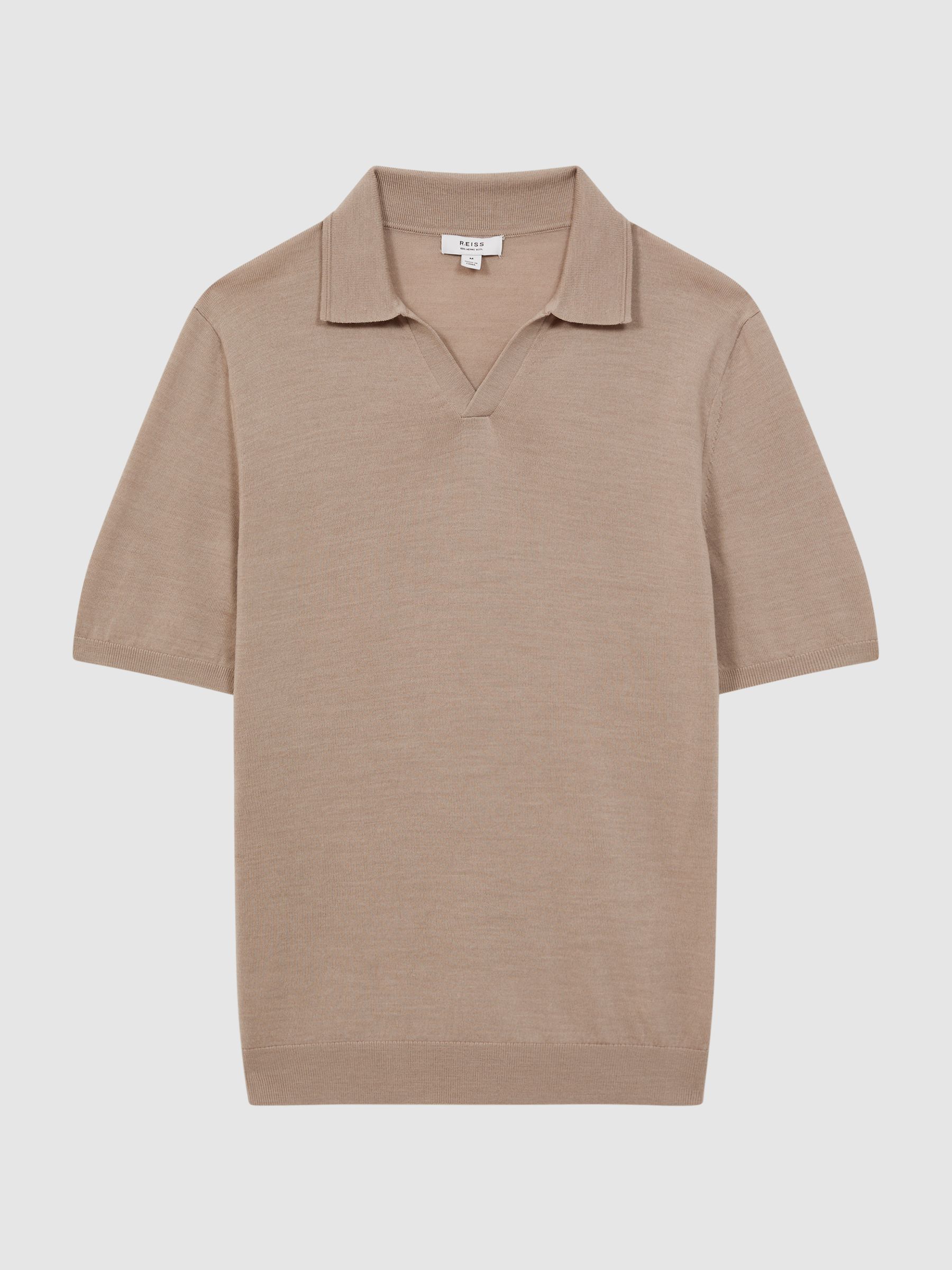 Merino Wool Open Collar Polo Shirt in Mink - Image 7 of 7