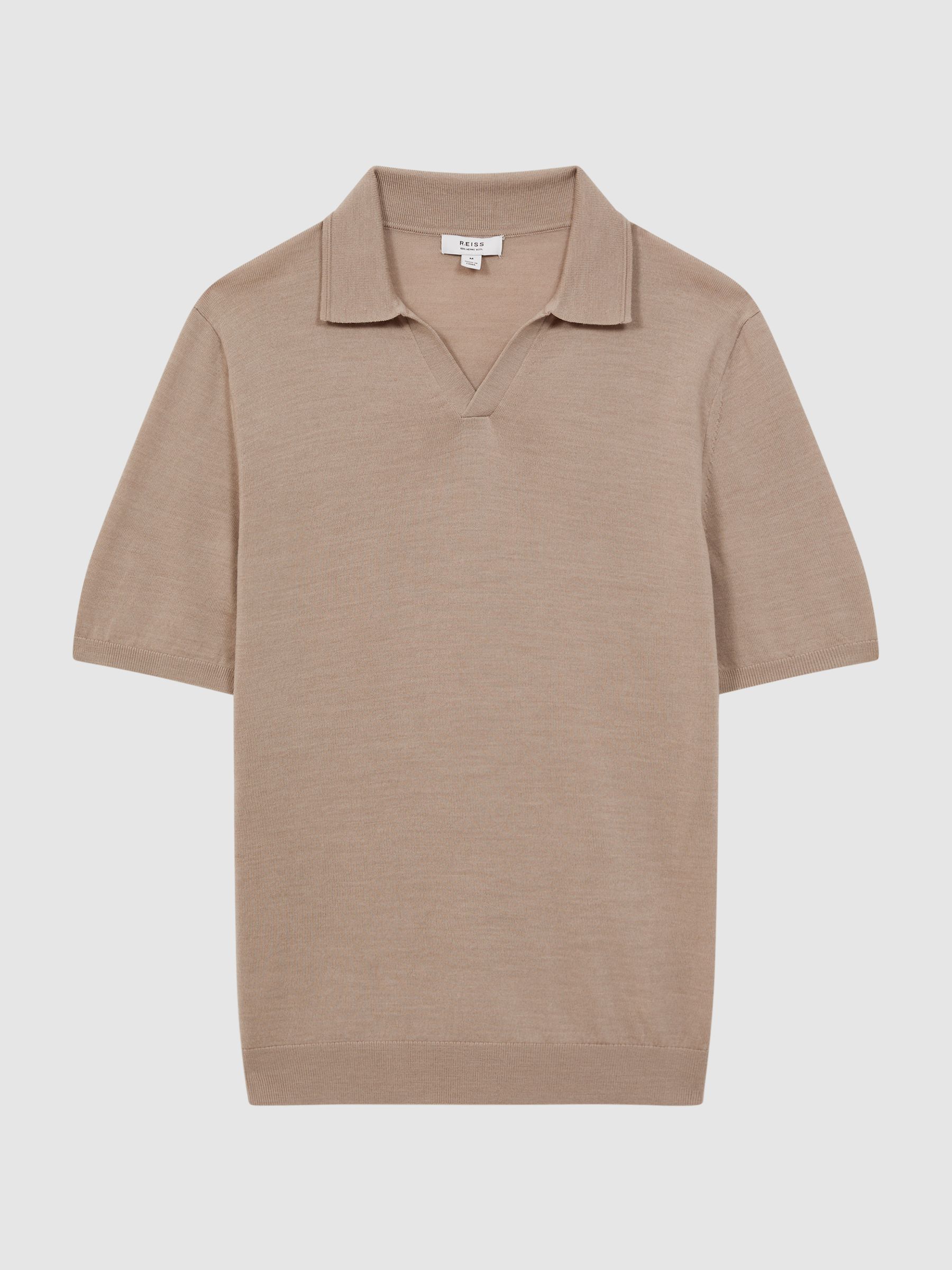 Merino Wool Open Collar Polo Shirt in Mink - Image 2 of 7 Merino Wool Open Collar Polo Shirt in Mink - Image 2 of 7