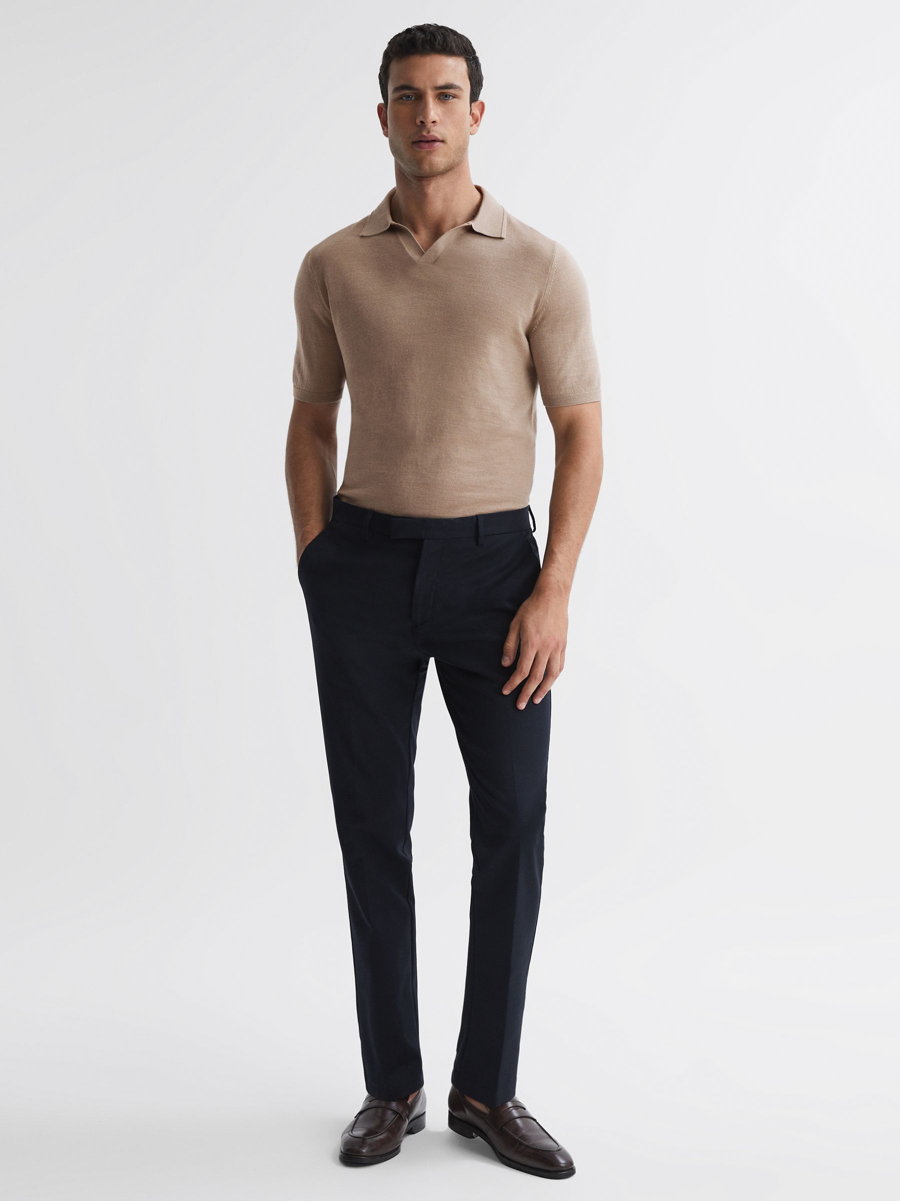 Merino Wool Open Collar Polo Shirt in Mink - Image 3 of 7