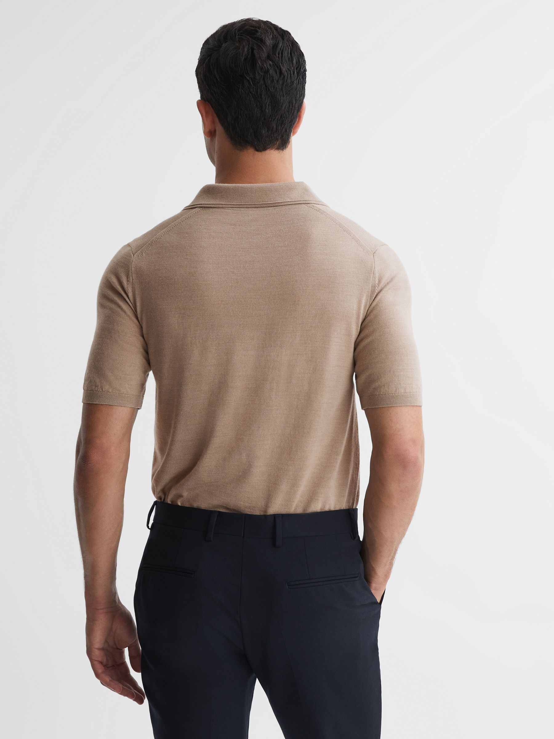 Merino Wool Open Collar Polo Shirt in Mink - Image 4 of 7