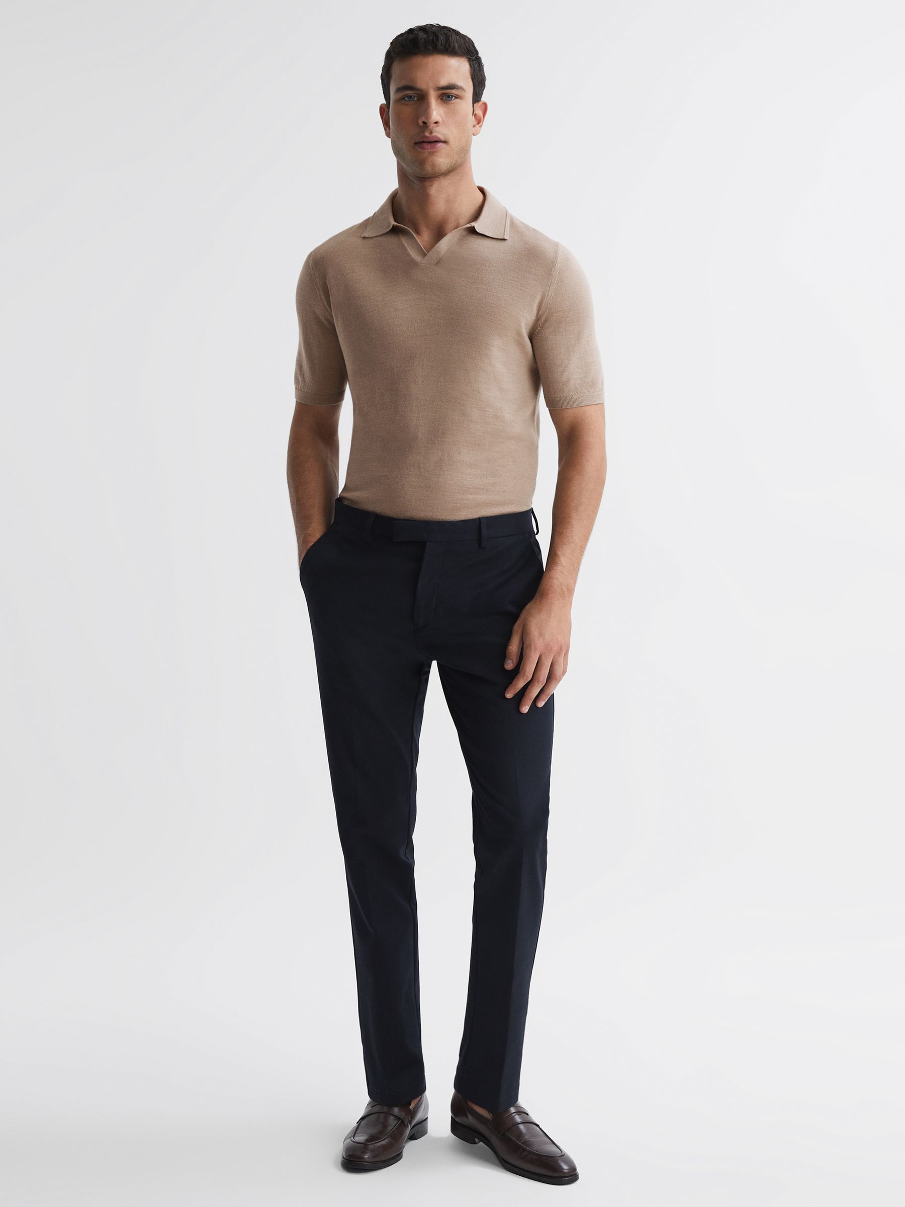 Merino Wool Open Collar Polo Shirt in Mink - Image 5 of 7