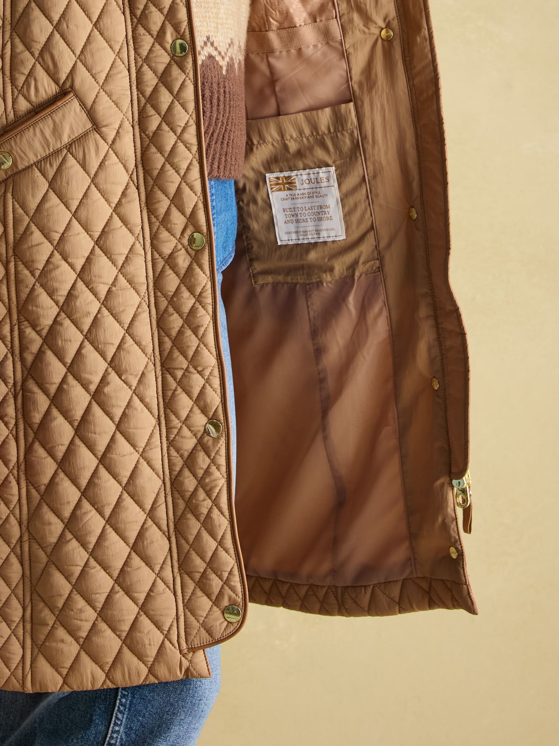Rosewell Tan Brown Showerproof Longline Diamond Quilted Coat - Image 5 of 6