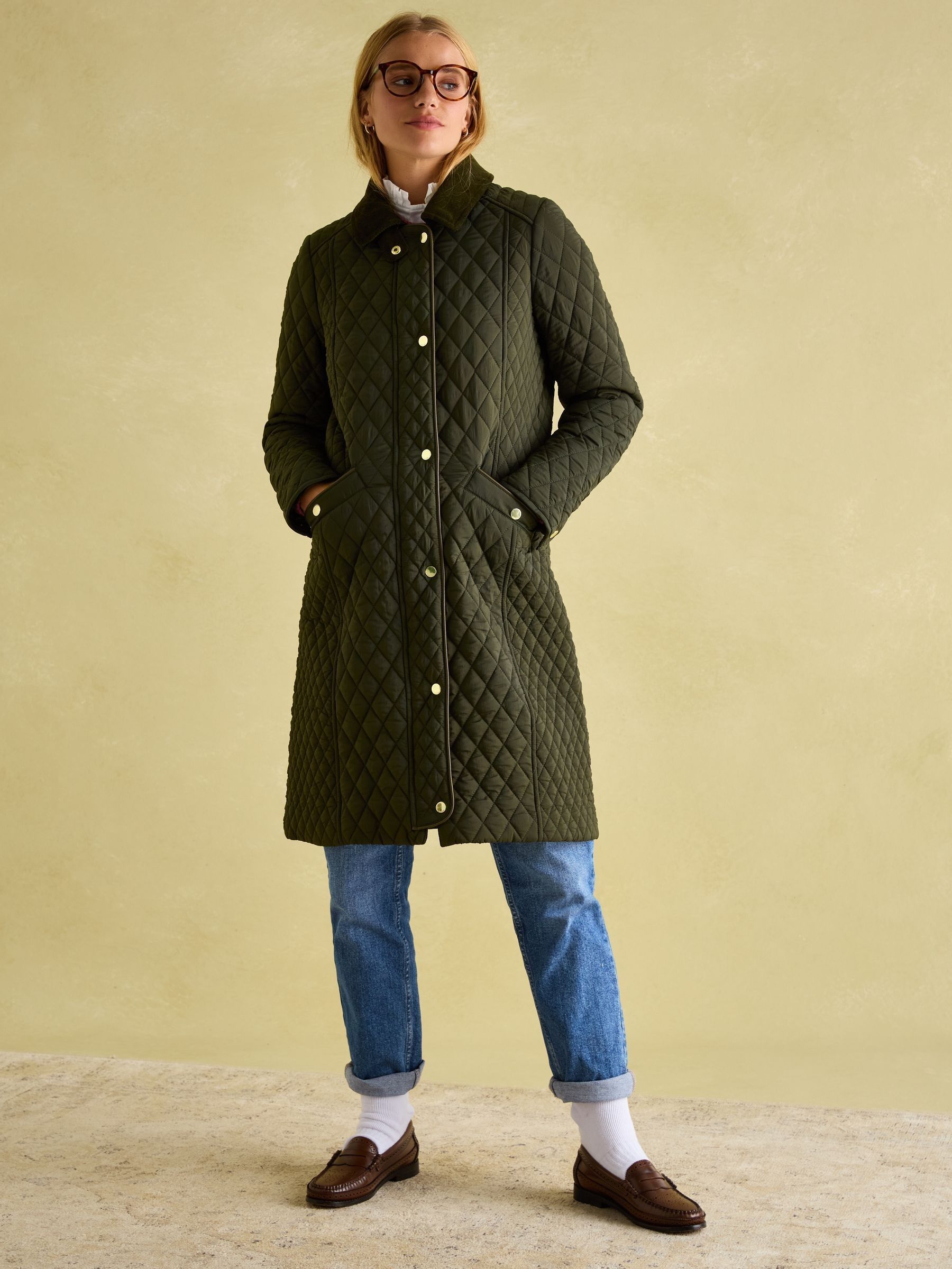 Rosewell Khaki Green Showerproof Longline Diamond Quilted Coat - Image 3 of 8