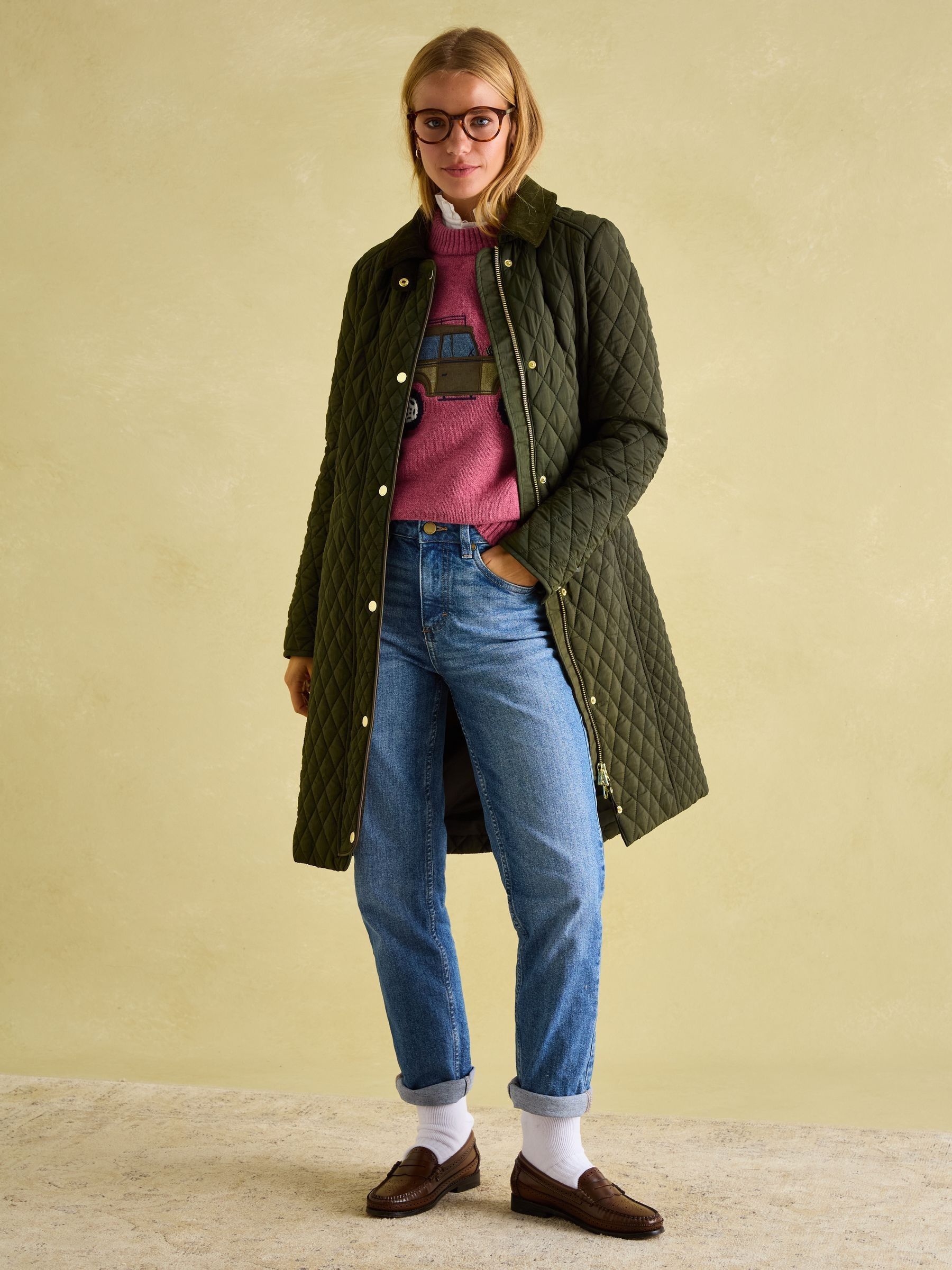 Rosewell Khaki Green Showerproof Longline Diamond Quilted Coat - Image 5 of 8