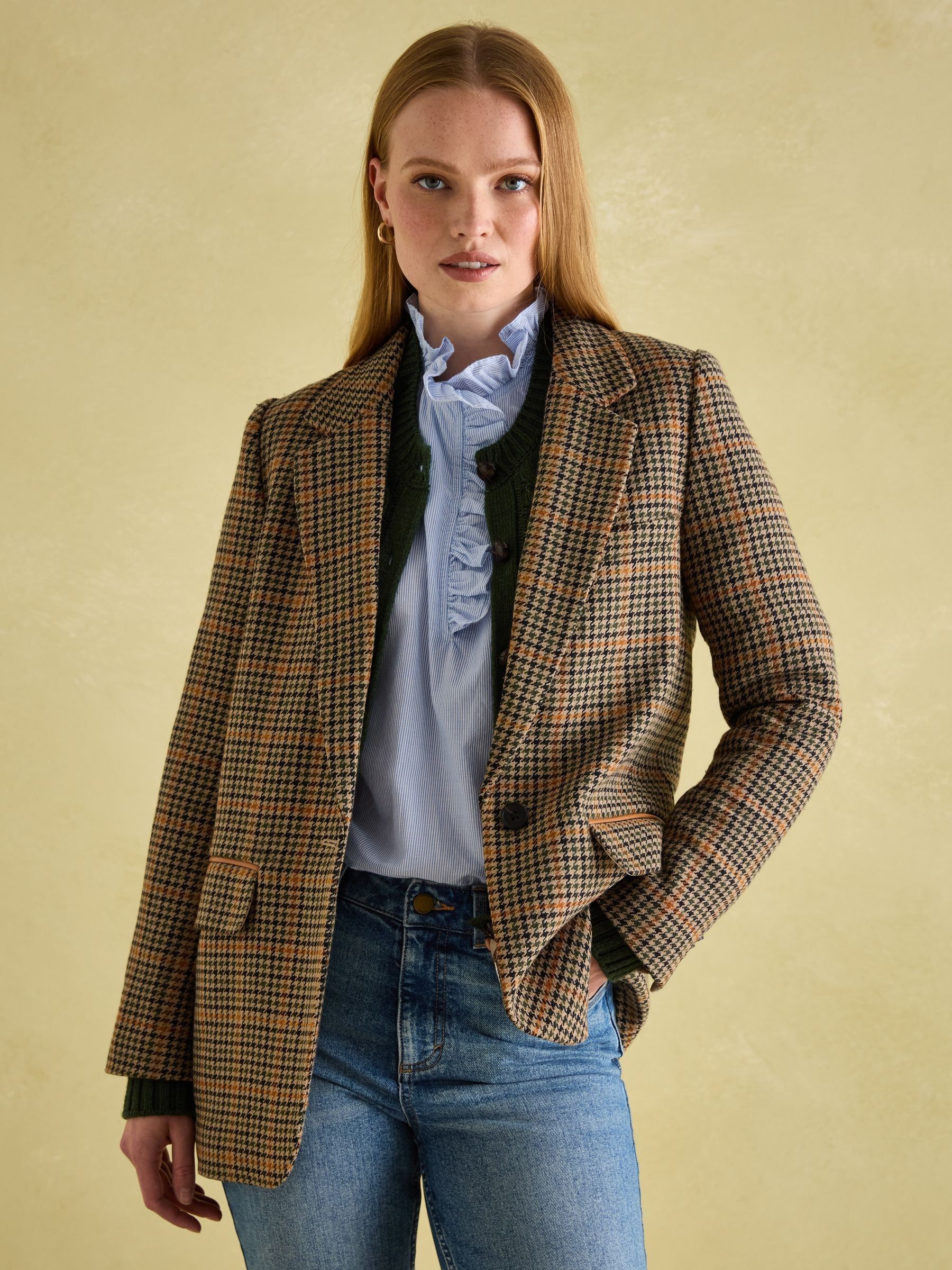 Hackmore Brown Check Relaxed Fit Wool Blend Tweed Blazer | Joules