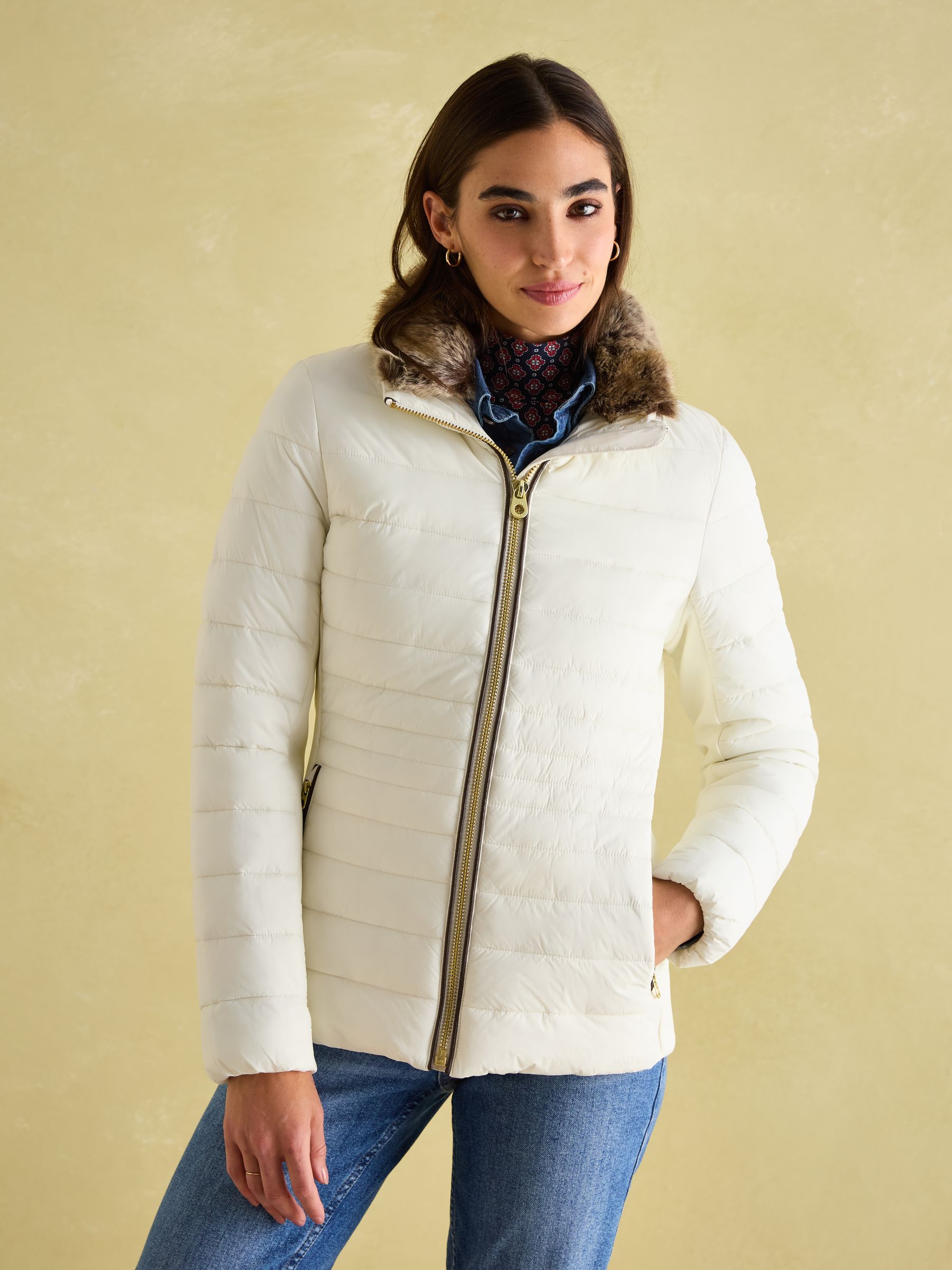 Beckley White Padded Showerproof Jacket with Faux Fur Trim - Image 1 of 8