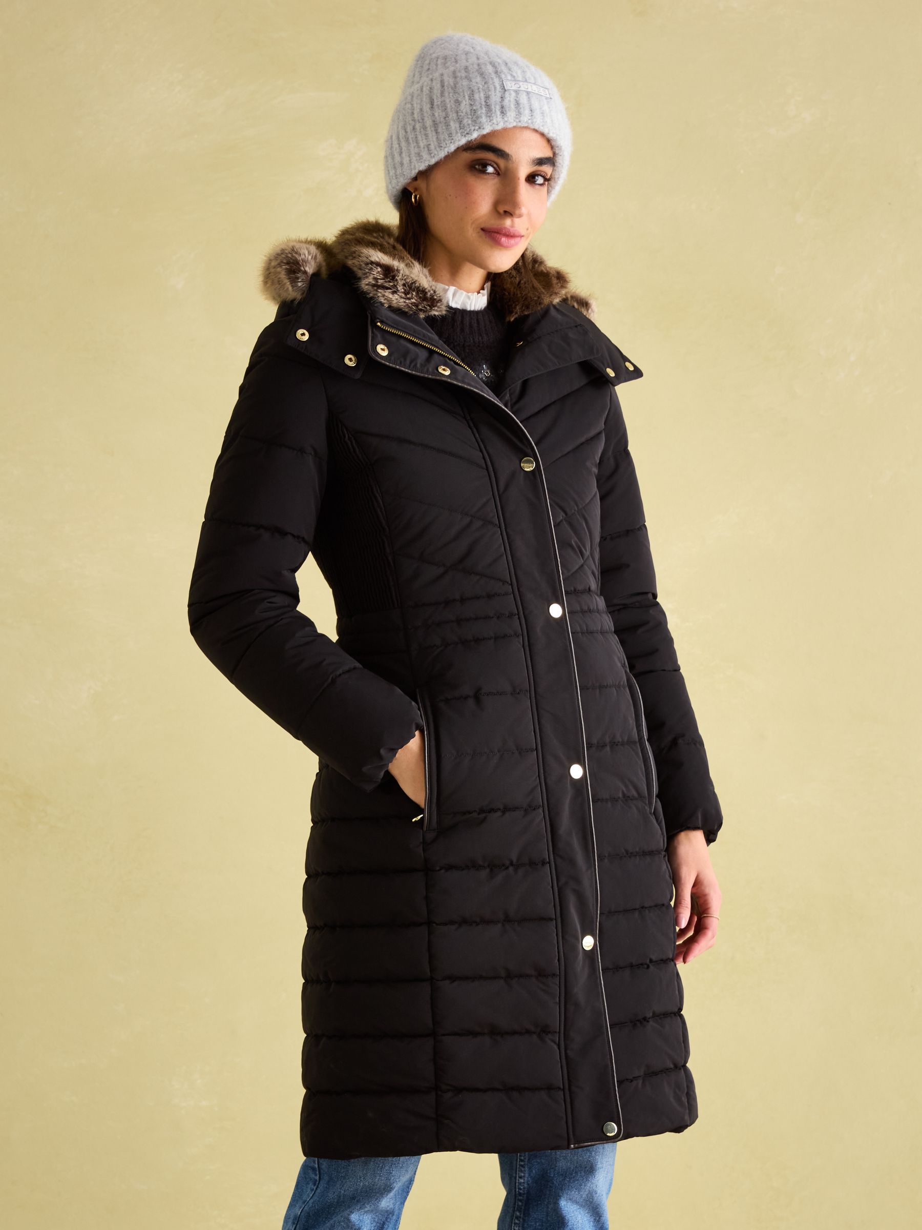 Cherington Black Showerproof Longline Padded Coat with Faux Fur Hood - Image 1 of 8