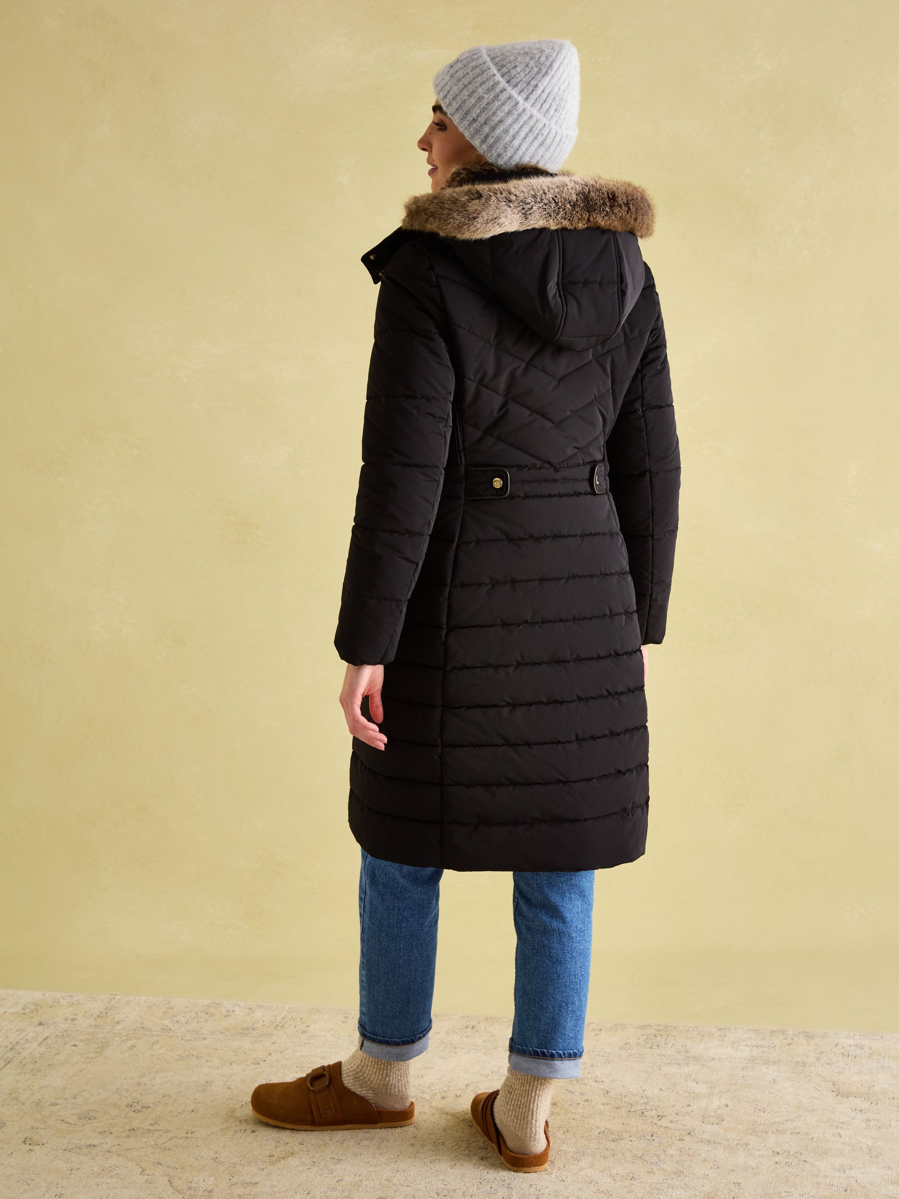Cherington Black Showerproof Longline Padded Coat with Faux Fur Hood - Image 2 of 8