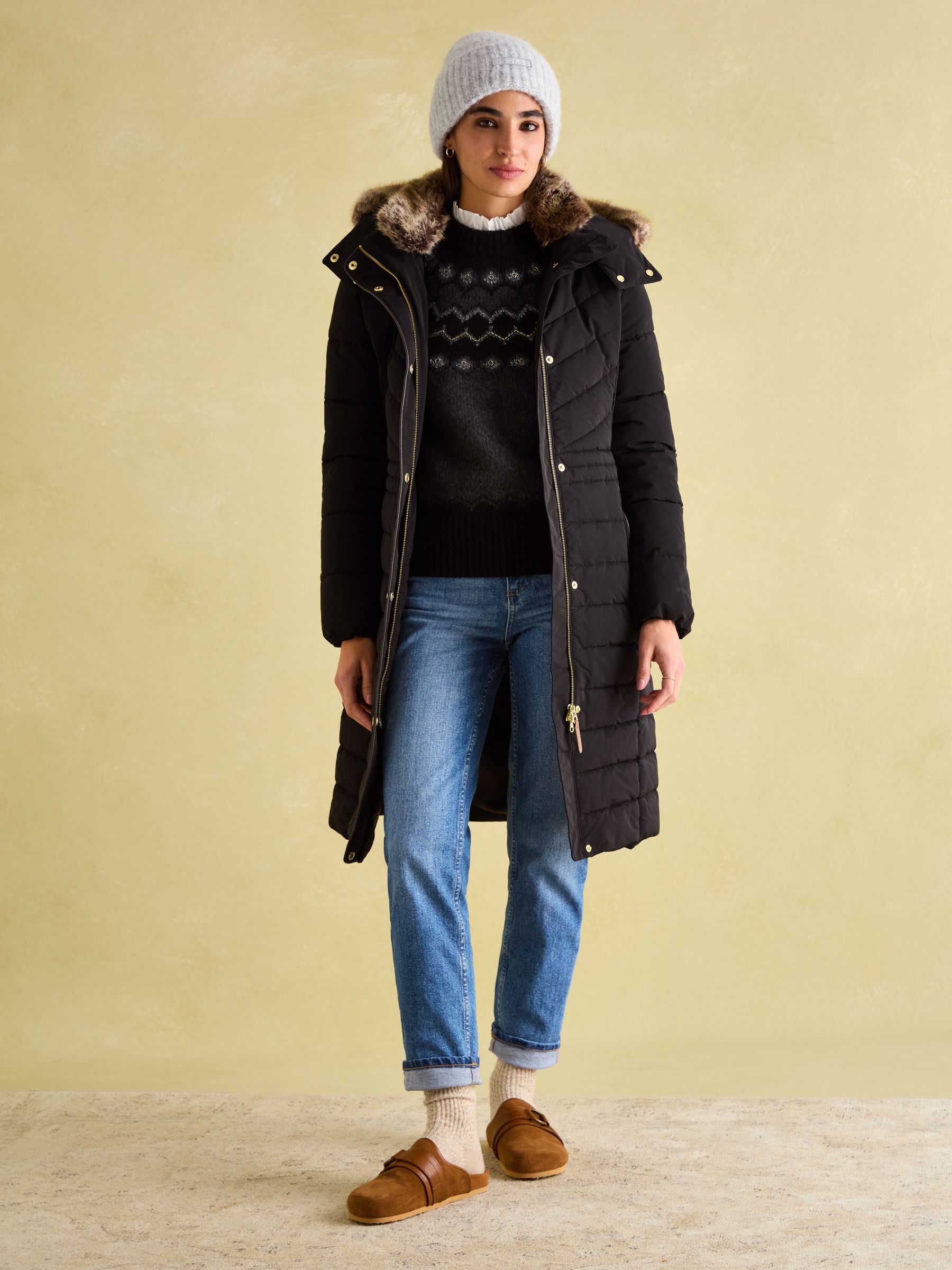 Cherington Black Showerproof Longline Padded Coat with Faux Fur Hood - Image 3 of 8