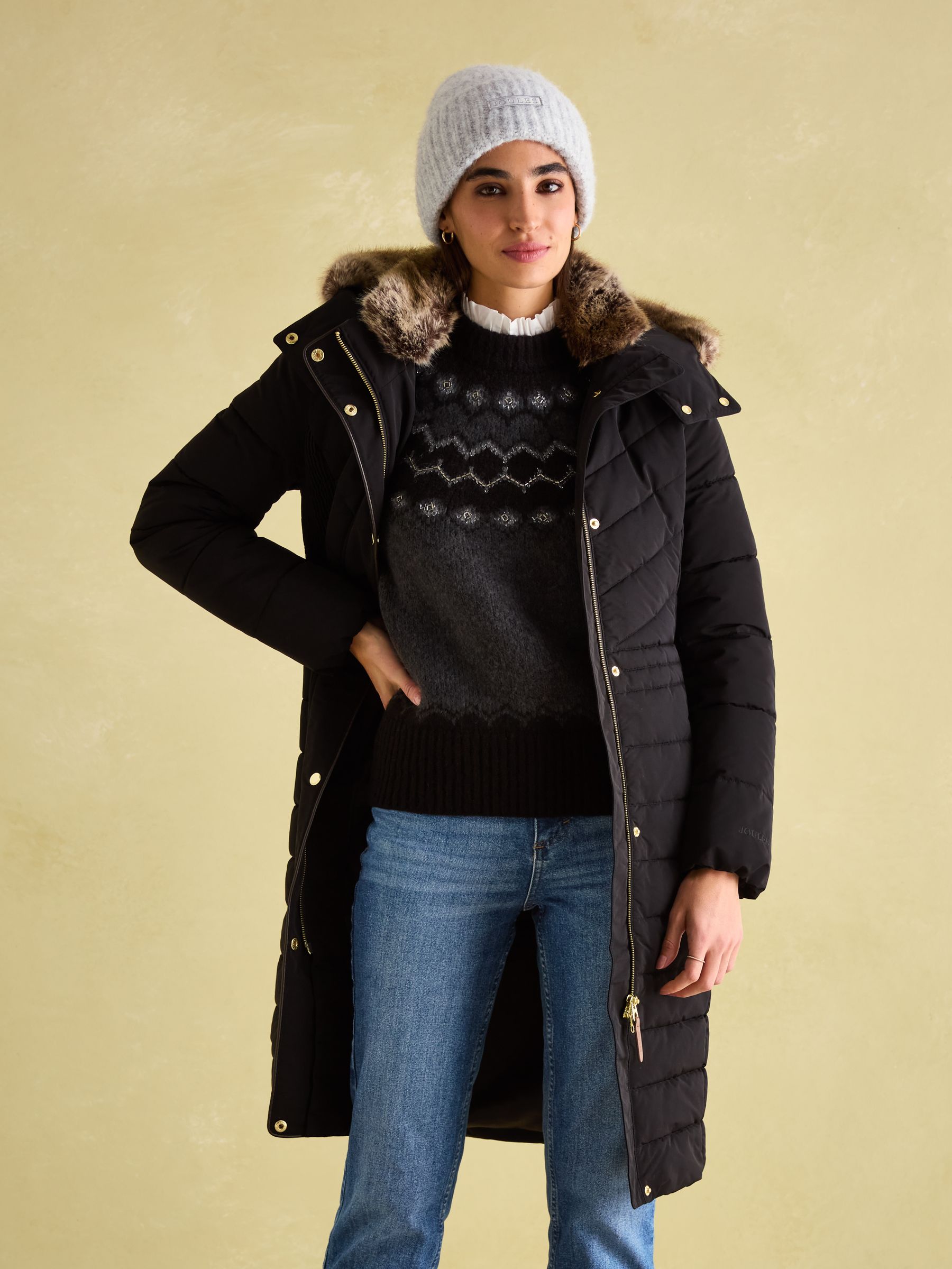 Cherington Black Showerproof Longline Padded Coat with Faux Fur Hood - Image 6 of 8
