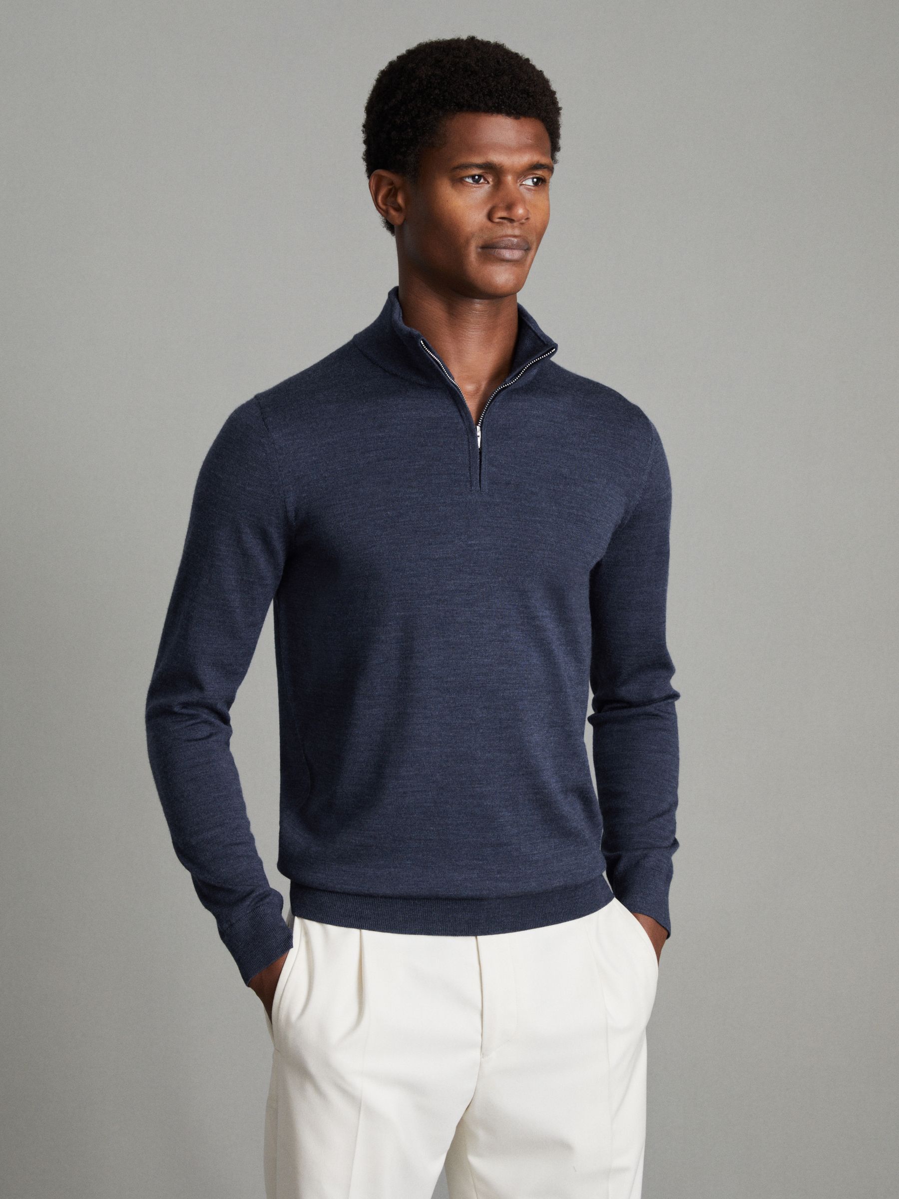 Merino Wool Half-Zip Funnel Neck Jumper in Indigo Melange - Image 1 of 6