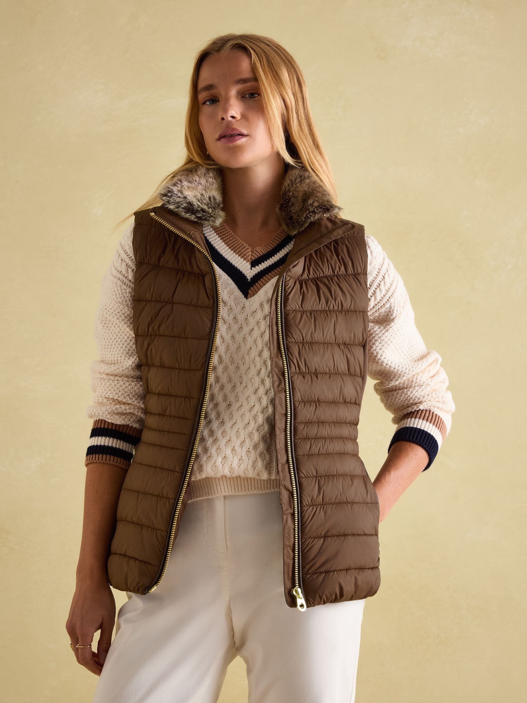 Beckley Brown Padded Showerproof Gilet With Detachable Faux Fur Collar - Image 3 of 8