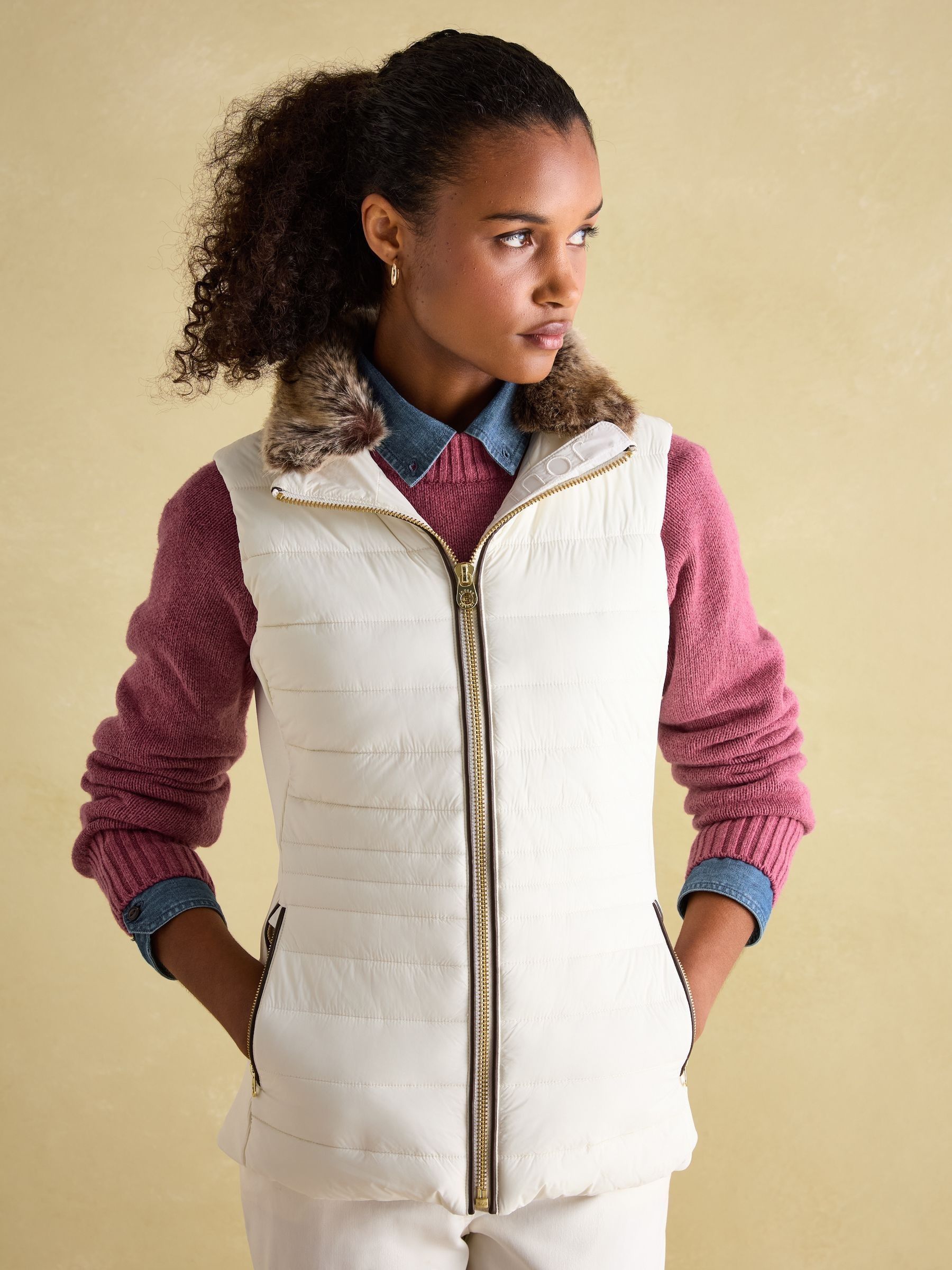 Beckley White Padded Showerproof Gilet With Detachable Faux Fur Collar - Image 1 of 7