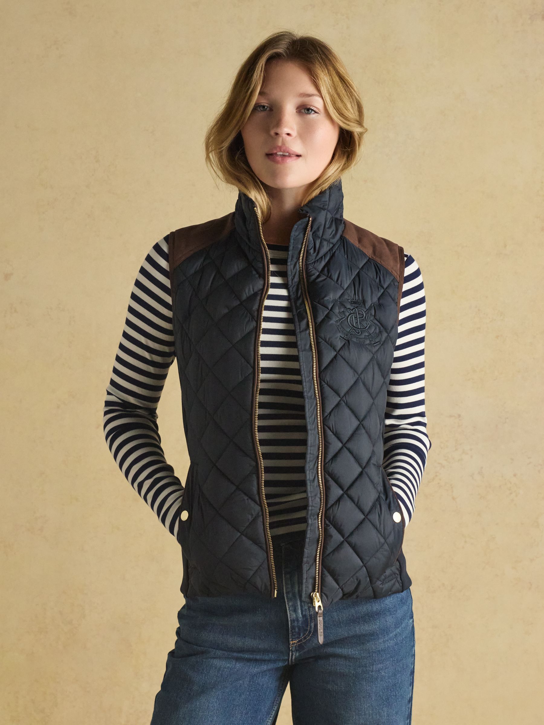 Braemar Luxe Navy Blue Showerproof Diamond Quilted Gilet | Joules