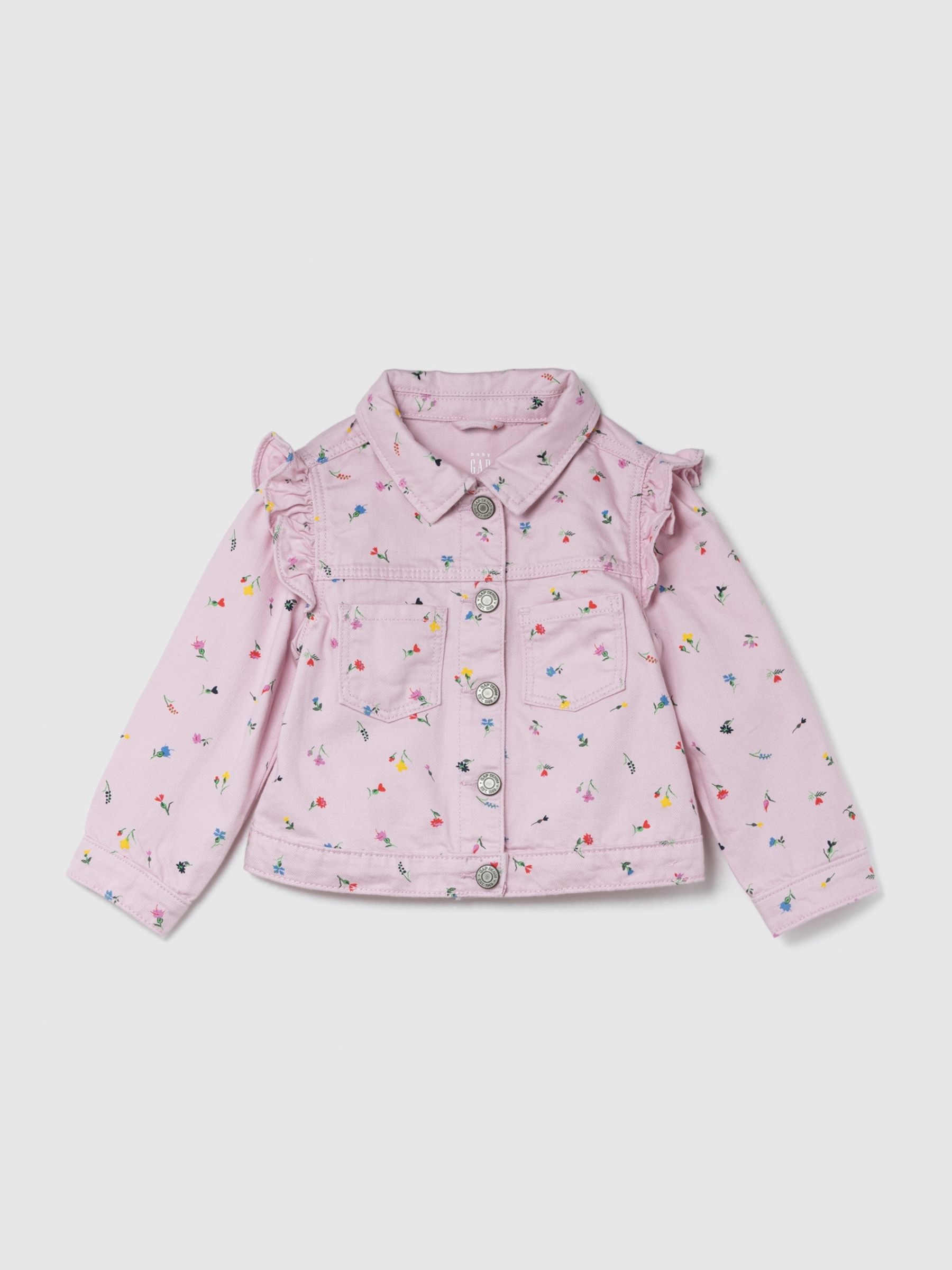 Pink Floral Print Flutter Sleeve Icon Baby Denim Jacket (6mths-5yrs) - Image 1 of 1