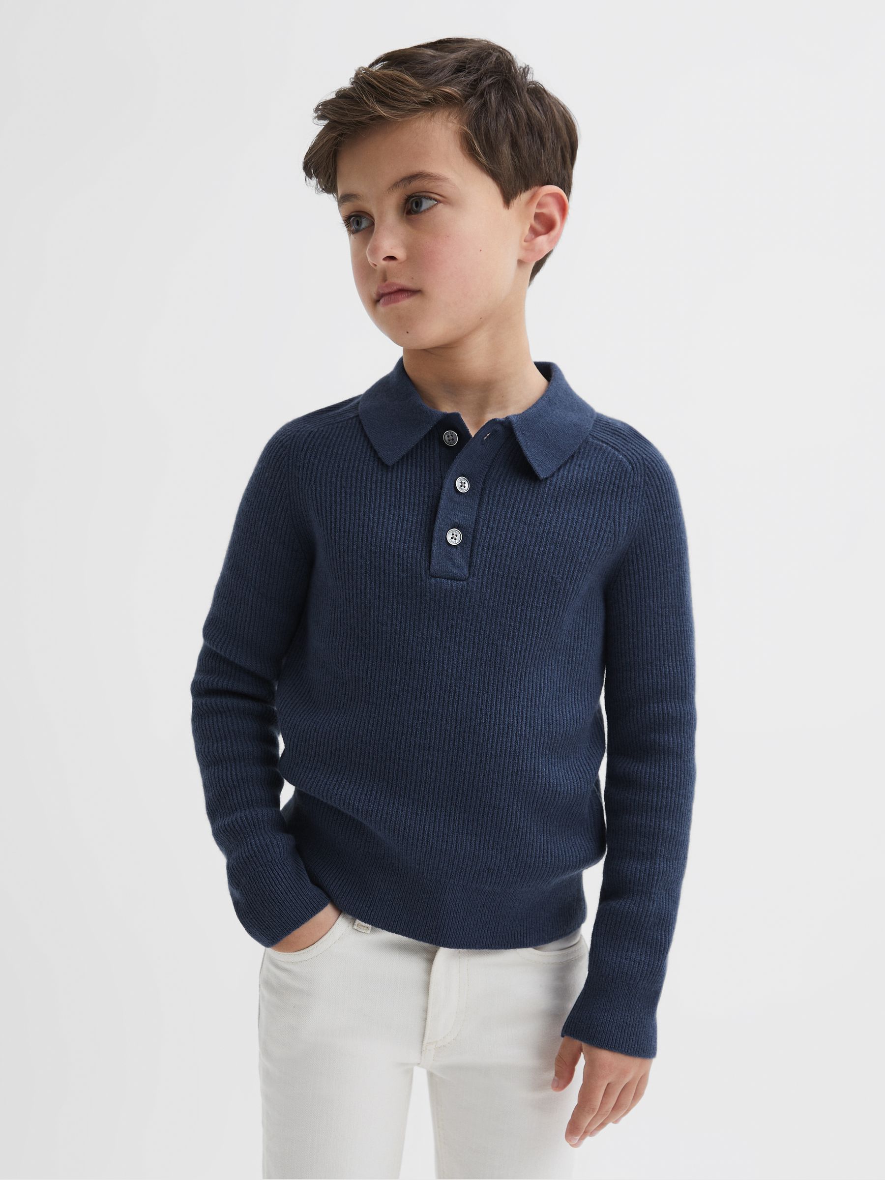 Junior Merino Wool Polo Shirt in Petrol Blue - Image 1 of 6