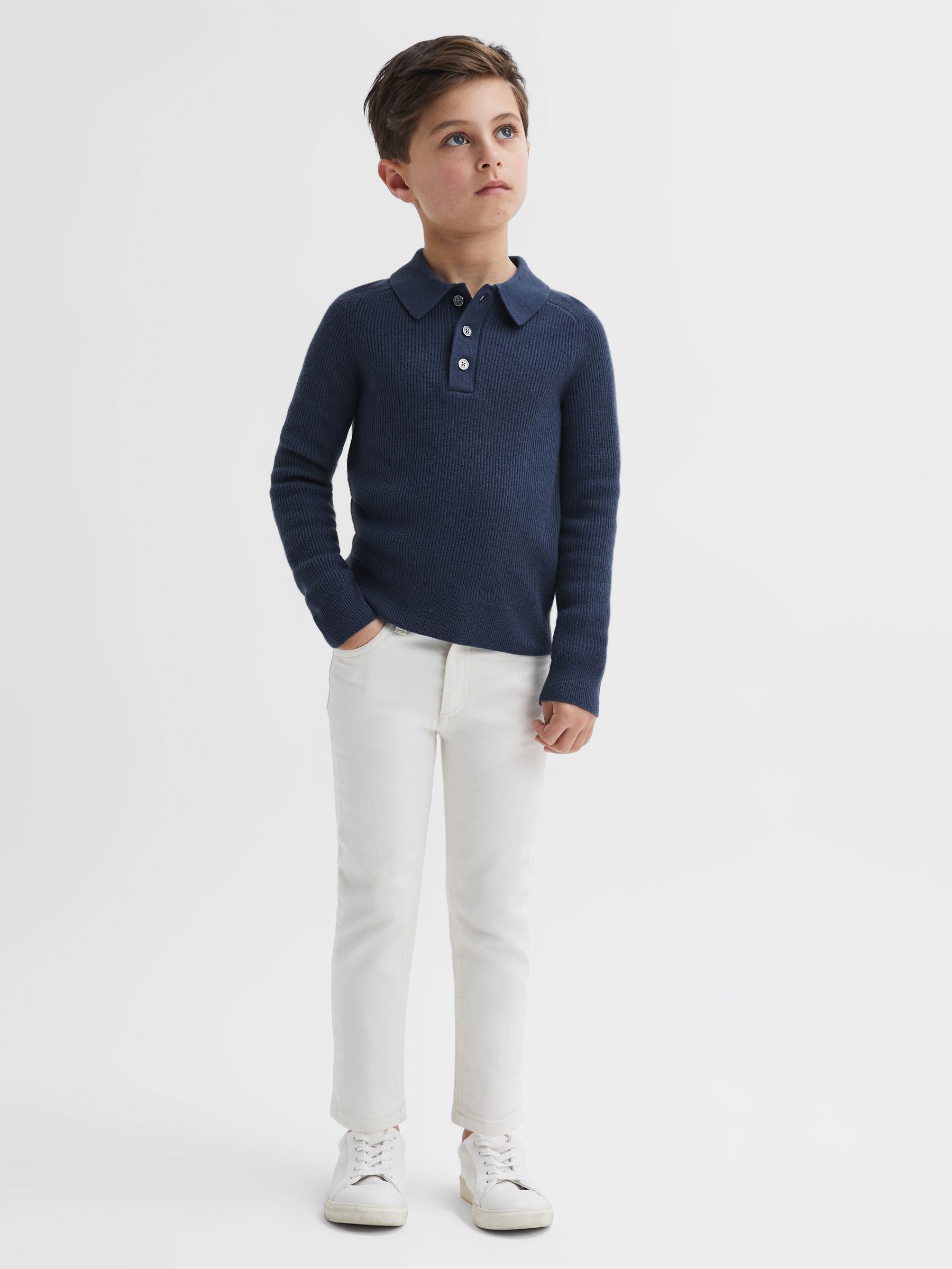 Junior Merino Wool Polo Shirt in Petrol Blue - Image 3 of 6