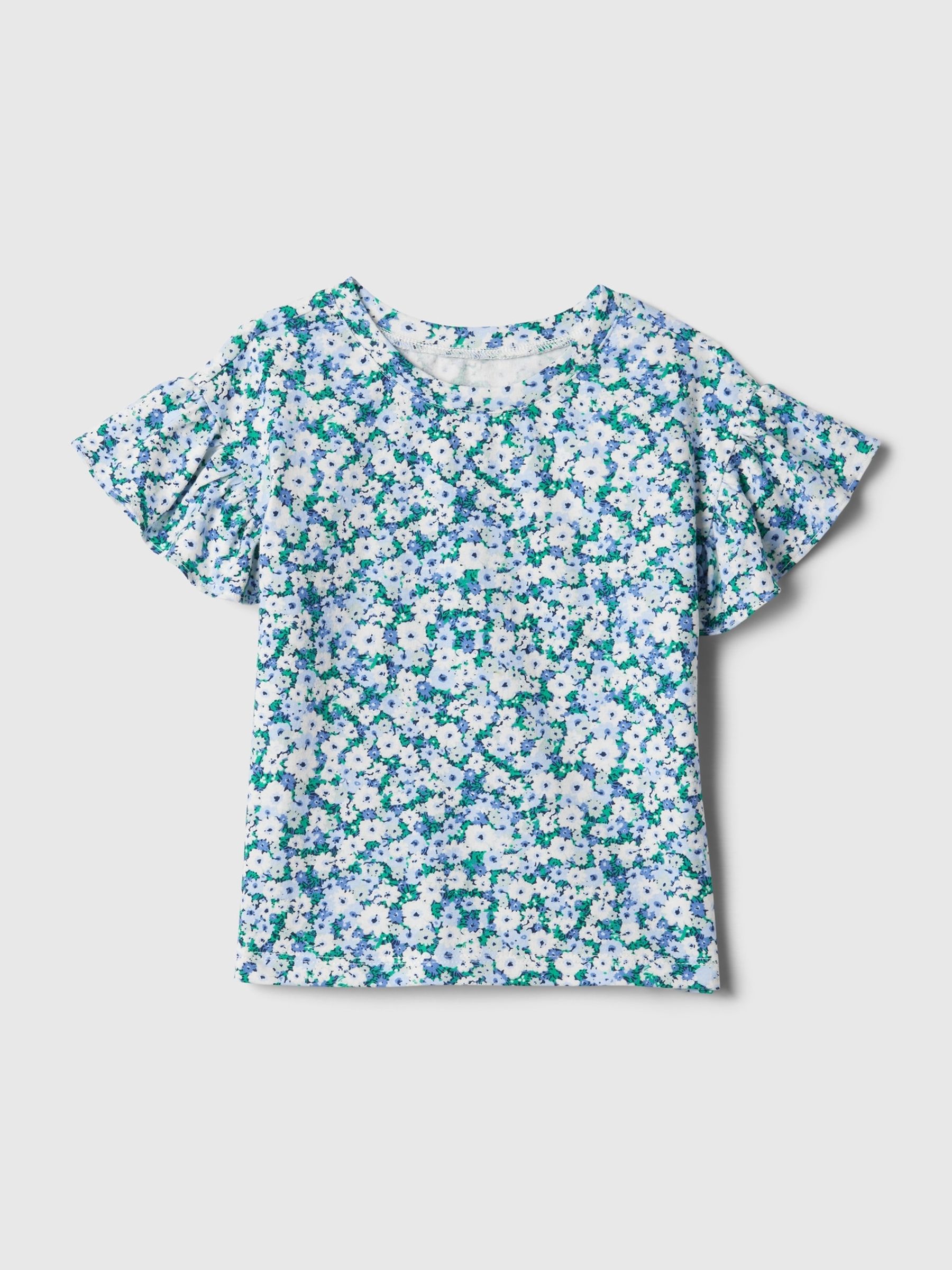 Blue Floral Print Short Flutter Sleeve Crew Neck T-Shirt (3mths-5yrs) - Image 1 of 2